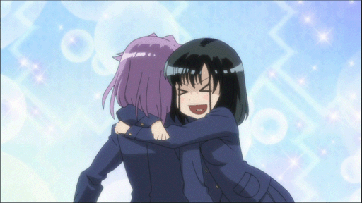 kajiki yumi, touyoko momoko, saki (manga), animated, animated gif, > <, 00s, 2girls, black hair, blush, closed eyes, happy, hug, multiple girls, purple hair, rubbing, school uniform, short hair