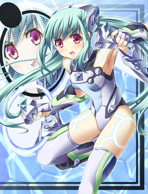 ibuki mana, original, framed, bad id, bad pixiv id, >:o, 1girl, :o, aqua hair, armor, armpits, bare shoulders, blue background, blush, bodysuit, dual wielding, faulds, female focus, fighting stance, finger on trigger, fingerless gloves, floating screen, gloves, glowing, glowing tattoo, gorget, greaves, gun, headgear, holding, honeycomb (pattern), honeycomb background, honeycomb pattern, leg lift, leg up, leotard, long hair, open mouth, purple eyes, scanlines, science fiction, sidelocks, solo, tattoo, thighhighs, twintails, v-shaped eyebrows, vambraces, very long hair, weapon, white thighhighs, zoom layer