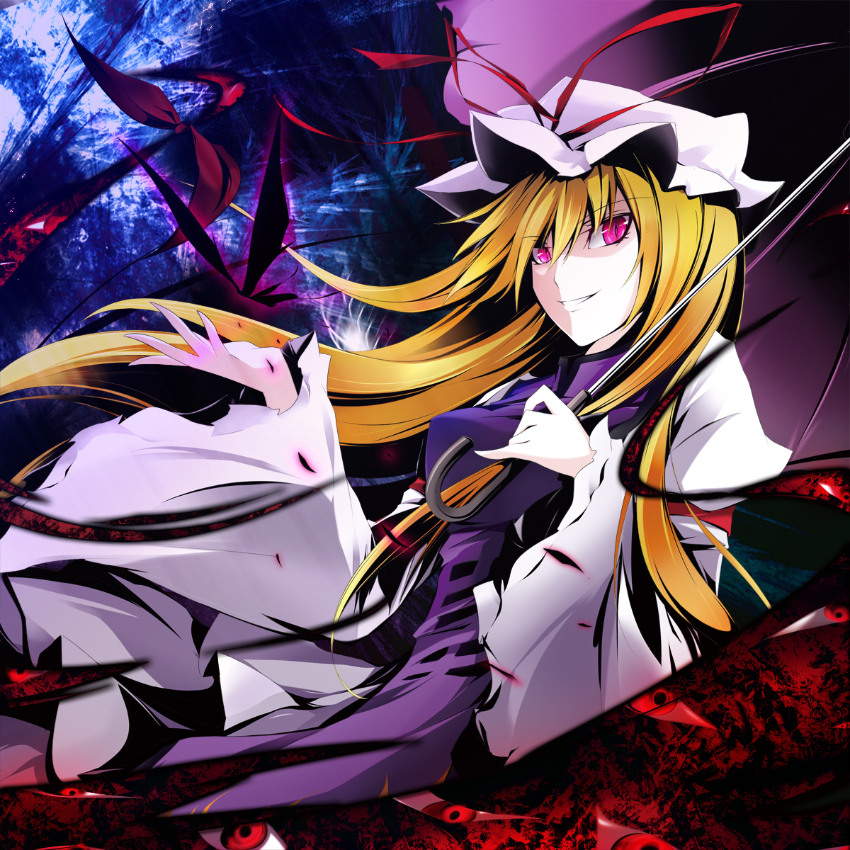 kanaria (fuusenkazura), yakumo yukari, touhou, highres, 1girl, blonde hair, female focus, gap (touhou), hat, long hair, purple eyes, solo, umbrella