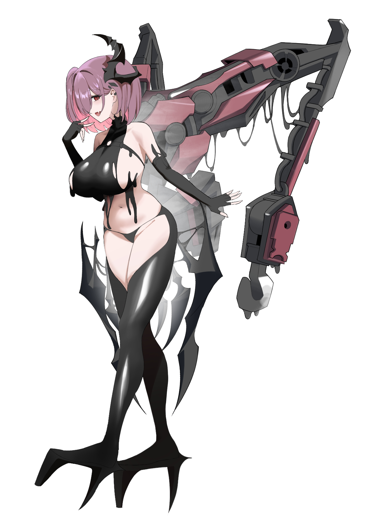 kino09156588, ziz (nikke), goddess of victory: nikke, commentary request, highres, 1girl, :d, above-cleavage cutout, bare shoulders, belt, bikini, black bikini, black boots, black gloves, black horns, black liquid, boots, breasts, chest belt, clothing cutout, earclip, elbow gloves, full body, gloves, groin, hair between eyes, hair over one eye, hand up, horns, large breasts, latex bikini, liquid clothes, looking at viewer, navel, o-ring, o-ring belt, o-ring strap, one side up, open mouth, pink hair, red eyes, rigging, sideboob, sidelocks, simple background, single horn, smile, solo, standing, stomach, swimsuit, white background