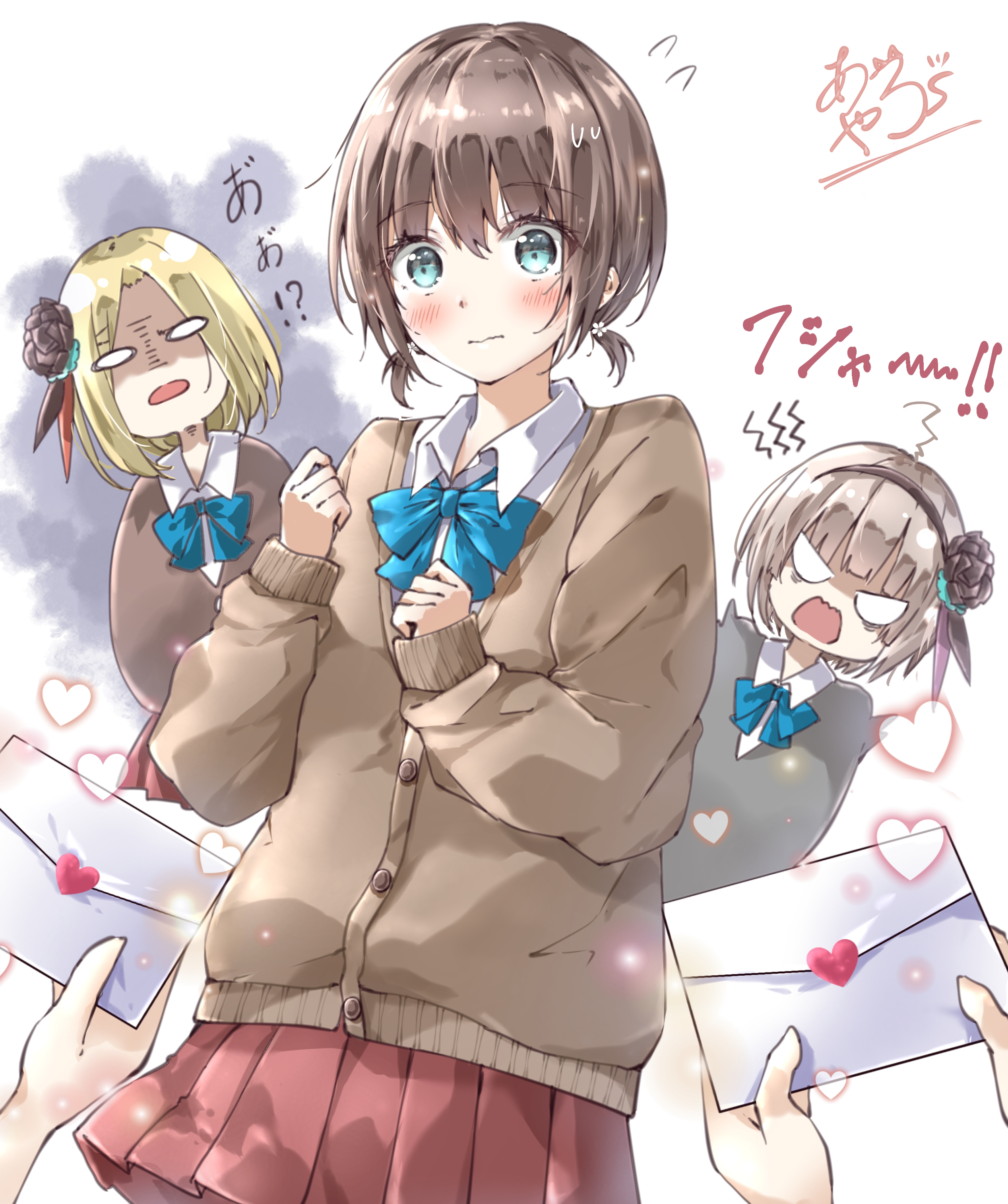 ayaro (genkiloobaii), aoi erika, minase ichigo, minase sumomo, heaven burns red, absurdres, highres, 3girls, angry, black cardigan, black flower, black hairband, black rose, blonde hair, blue bow, blue bowtie, blue eyes, blush, bow, bowtie, brown cardigan, brown hair, brown sweater, cardigan, closed mouth, collared shirt, cowboy shot, dress shirt, envelope, flower, flying sweatdrops, hair between eyes, hair flower, hair ornament, hairband, hands up, holding, holding envelope, jealous, letter, long sleeves, looking at viewer, love letter, low twintails, multiple girls, o o, open mouth, parted bangs, pleated skirt, puffy long sleeves, puffy sleeves, red skirt, rose, school uniform, shaded face, shirt, short hair, short twintails, simple background, skirt, sleeves past wrists, solo focus, sweat, sweater, twintails, wavy mouth, white background, white shirt