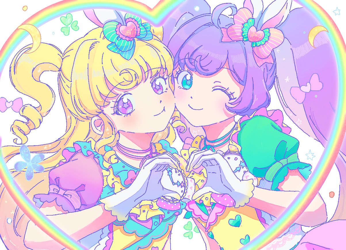 ku (kuooss), manaka laala, yumekawa yui, idol time pripara, pretty series, pripara, 2girls, :t, ahoge, blonde hair, bow, cheek-to-cheek, closed mouth, crescent, gloves, green eyes, hair bow, heads together, heart, heart hands, heart hands duo, jewelry, long hair, looking at viewer, multiple girls, necklace, one eye closed, pink bow, puffy short sleeves, puffy sleeves, purple eyes, purple hair, rainbow, ringlets, short sleeves, smile, twintails, two side up, upper body, very long hair, white gloves