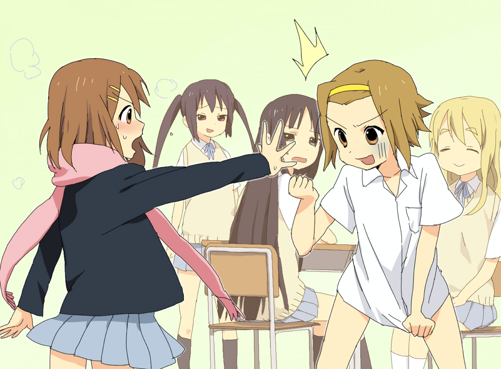 noco (adamas), akiyama mio, hirasawa yui, kotobuki tsumugi, nakano azusa, tainaka ritsu, k-on!, bad id, bad pixiv id, 00s, 5girls, ^^^, black eyes, black hair, blonde hair, blush, bottomless, brown eyes, brown hair, covering crotch, covering privates, hairband, ho-kago tea time, long hair, multiple girls, multiple seasonal school uniforms, rock paper scissors, scarf, school uniform, shirt tug, short hair, strip game, sweatdrop, twintails