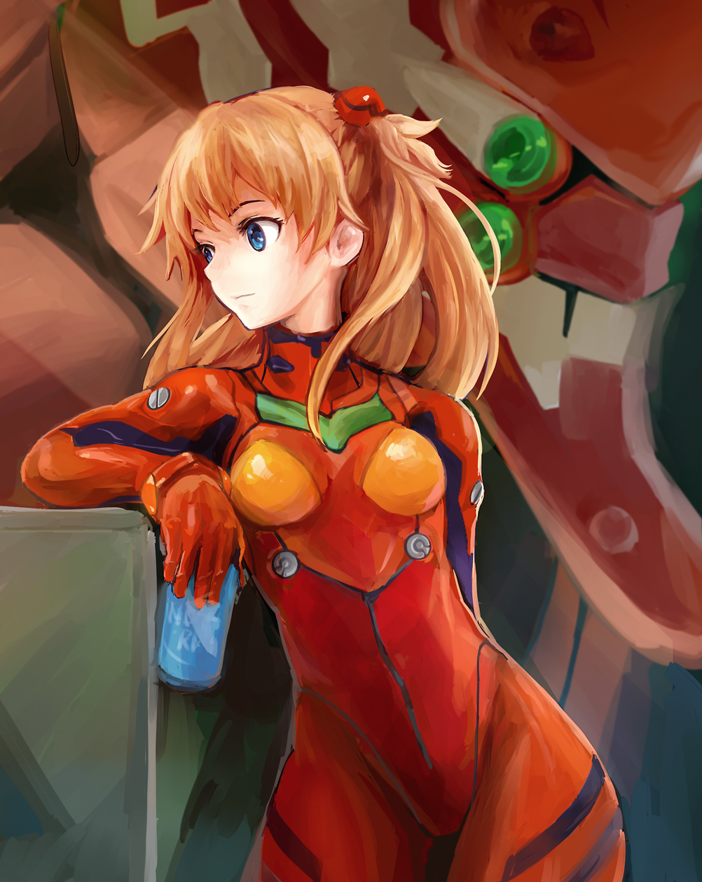 conjaku, eva 02, souryuu asuka langley, neon genesis evangelion, rebuild of evangelion, highres, 00s, 1girl, arm behind back, arm rest, blue eyes, bodysuit, bracer, breasts, can, cowboy shot, drink, female focus, gloves, hair ornament, hip focus, holding, leaning, logo, long hair, looking to the side, mecha, mecha pilot suit, nerv, orange hair, plugsuit (evangelion), red hair, robot, small breasts, solo, turtleneck, two side up