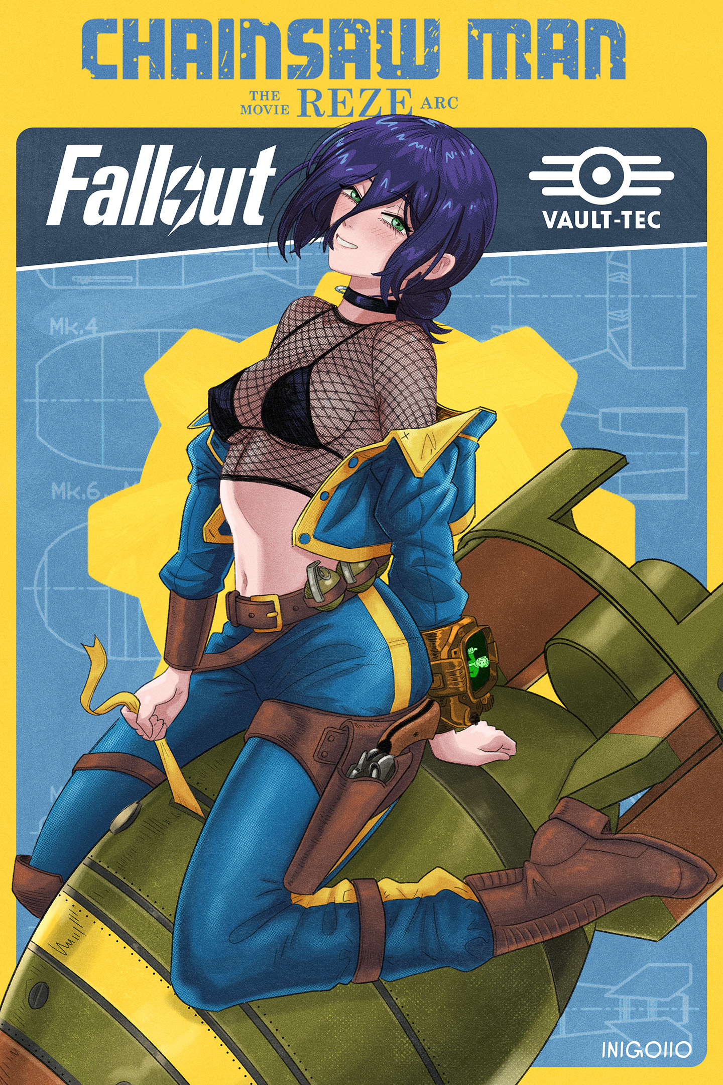 inigoiio, reze (chainsaw man), chainsaw man, fallout, highres, 1girl, belt, black bra, blue jacket, blush, bomb, bra, choker, explosive, full body, gears, green eyes, gun, hair bun, handgun, jacket, logo, midriff, navel, purple hair, reference sheet, riding, short hair, single hair bun, sitting, smile, teeth, underwear, weapon