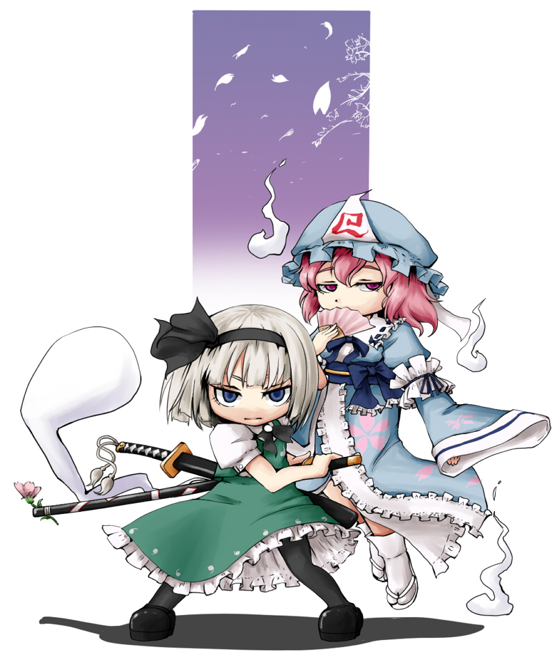 kirisaki (gin16k), kirisaki akihito, konpaku youmu, konpaku youmu (ghost), saigyouji yuyuko, touhou, silver hair, bad id, bad pixiv id, 2girls, blue eyes, female focus, ghost, hairband, hand fan, hat, hitodama, katana, multiple girls, pantyhose, pink hair, sandals, sheath, sheathed, short hair, sword, tabi, weapon