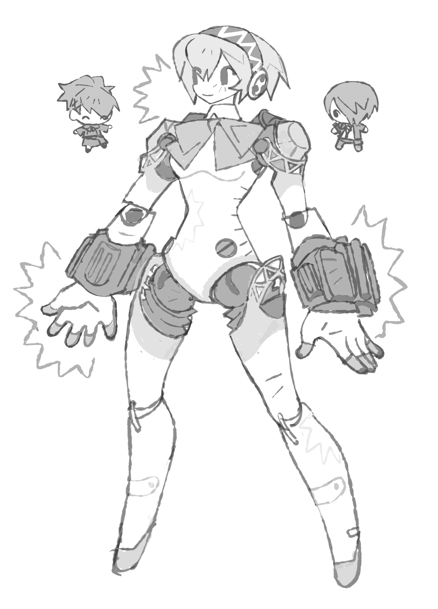 jaysoysaucee, aigis (persona), shiomi kotone, yuuki makoto (persona 3), persona, persona 3, highres, 1boy, 2girls, android, breasts, chibi, chibi inset, full body, greyscale, hair between eyes, hair over one eye, joints, light smile, mechanical arms, mechanical ears, medium breasts, monochrome, multiple girls, one eye closed, ponytail, robot joints, short hair, white background