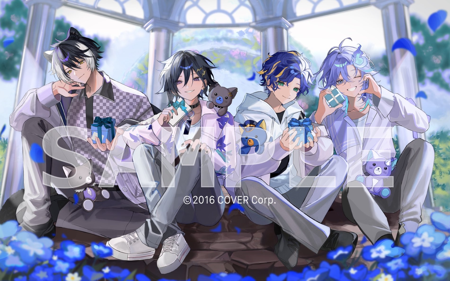 rtms, astel leda, kageyama shien, kanade izuru, minase rio, holostars, highres, official art, 4boys, animal ears, antenna hair, aqua hair, arch, black collar, black hair, black nails, black shirt, black shoes, blonde hair, blue flower, blue hair, blue petals, blurry, blurry background, box, bush, checkered clothes, checkered shirt, collar, collarbone, contrast collar, copyright notice, crossed ankles, curtained hair, day, falling petals, fanny pack, feet out of frame, floral arch, flower, full body, gazebo, gift, gift box, green eyes, grey pants, grin, hair between eyes, hair ornament, hairclip, half-heart hands, hand on own knee, hand up, head tilt, hitodama, holding, holding gift, hood, hood down, hoodie, indian style, jackal boy, jackal ears, jacket, knee up, knees up, lightning bolt, lightning bolt hair ornament, lightning bolt symbol, long sleeves, looking at viewer, male focus, medium hair, multicolored hair, multiple boys, nail polish, on floor, one eye closed, pants, petals, pink jacket, purple eyes, purple hair, purple jacket, purple shirt, sample watermark, shirt, shoes, short hair, single off shoulder, sitting, smile, sneakers, streaked hair, stuffed animal, stuffed cat, stuffed toy, swept bangs, two-tone hair, undershirt, virtual youtuber, watermark, white hair, white hoodie, white shirt, white shoes, yellow eyes