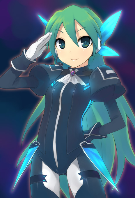 otoutogimi, hatsune miku, hatsune miku (plug-in), project diva, project diva (series), vocaloid, bad id, bad pixiv id, 1girl, alternate hairstyle, bodysuit, female focus, gloves, green eyes, green hair, headphones, headset, long hair, matching hair/eyes, plugin (vocaloid), salute, smile, solo, white gloves