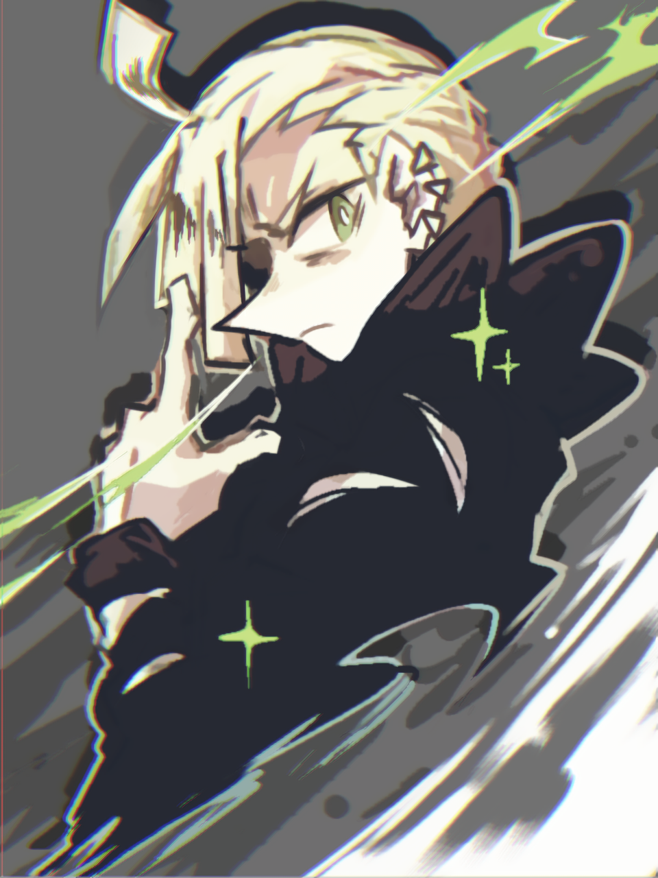 20 (1more surren), gladion (pokemon), nintendo, pokemon, pokemon sm, highres, 1boy, blonde hair, cropped torso, ear piercing, from side, green eyes, grey background, looking at viewer, male focus, piercing, solo, sparkle, torn clothes