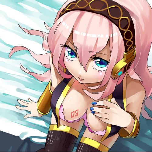 gum (gmng), gumidemo kandero, jam (pixiv172700), megurine luka, vocaloid, bad id, bad pixiv id, 1girl, blue eyes, blush, bra, breasts, cleavage, downblouse, female focus, from above, headphones, large breasts, lingerie, long hair, nail polish, pink hair, sitting, solo, underwear