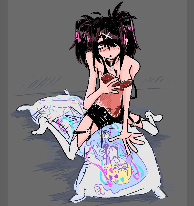 ame-chan (needy girl overdose), chouzetsusaikawa tenshi-chan, needy girl overdose, hashtag-only commentary, 1girl, arm support, bare shoulders, black bra, black choker, black shorts, blush, bra, breasts, camisole, charllahan, choker, dakimakura (object), drooling, garter straps, grabbing own breast, grey background, hair ornament, hair over one eye, half-closed eyes, jaggy lines, looking at viewer, masturbation, pillow, pillow humping, pillow straddling, see-through camisole, see-through clothes, shorts, sketch, socks, strap slip, unbuttoned, underwear, white socks, x hair ornament