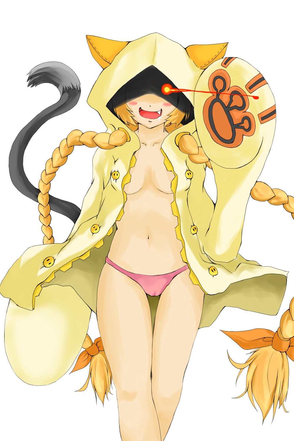 chihiro (gatyumiri), taokaka, arc system works, blazblue, bad id, bad pixiv id, highres, 1girl, animal ears, animal hood, braid, cat ears, cat hood, cat tail, fake animal ears, female focus, hood, long hair, navel, open clothes, open shirt, panties, ribbon, shirt, solo, tail, underwear