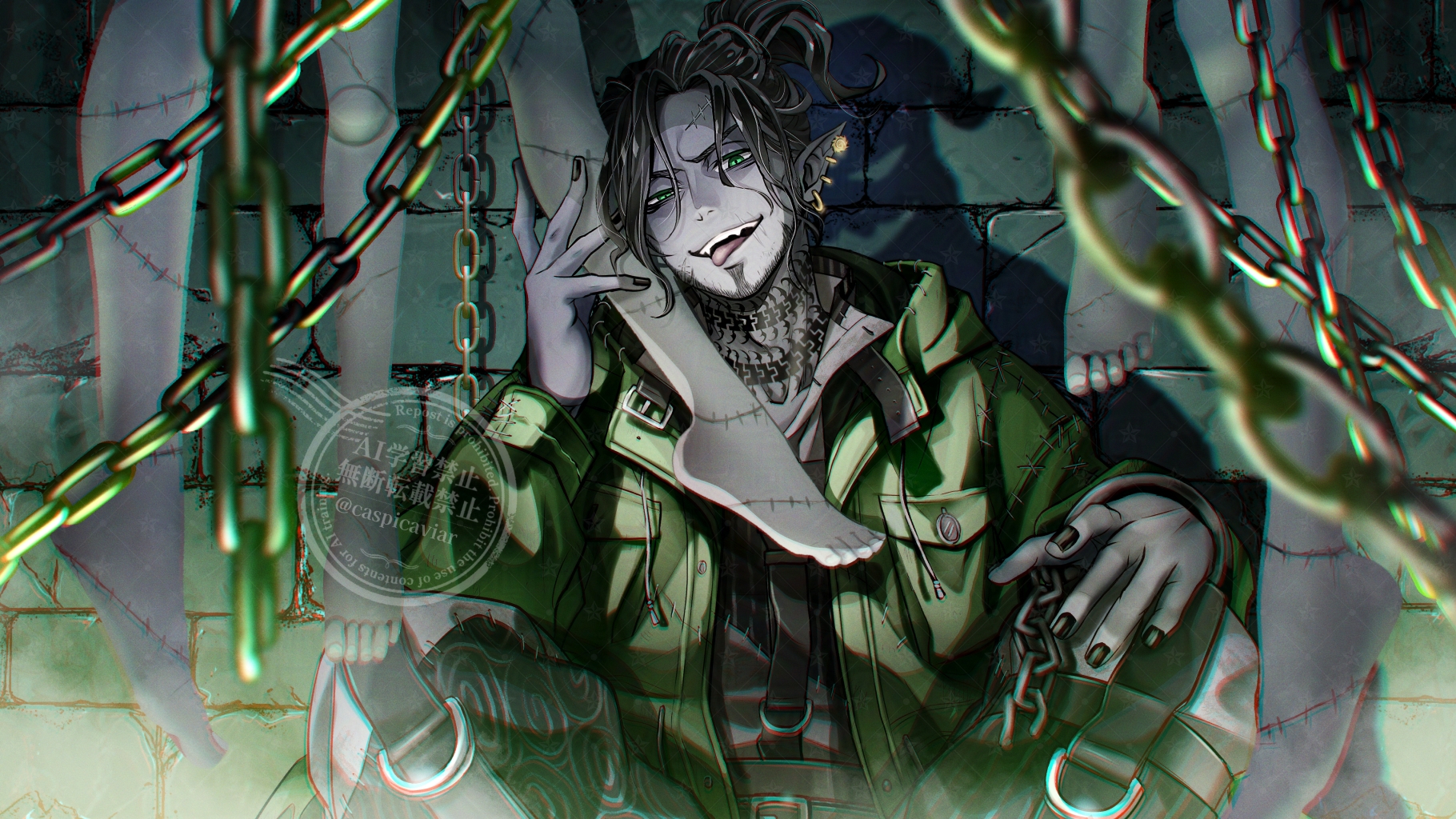 supino, oogie boogie, the nightmare before christmas, twisted wonderland, highres, 1boy, beard, black nails, centipede tattoo, chinstrap beard, collared shirt, cosplay, facial hair, green eyes, hood, hooded jacket, jacket, male focus, mature male, neck tattoo, oogie boogie (cosplay), scar, scar on face, scar on mouth, shirt, smile, solo, stitched clothes, swing (twisted wonderland), tattoo