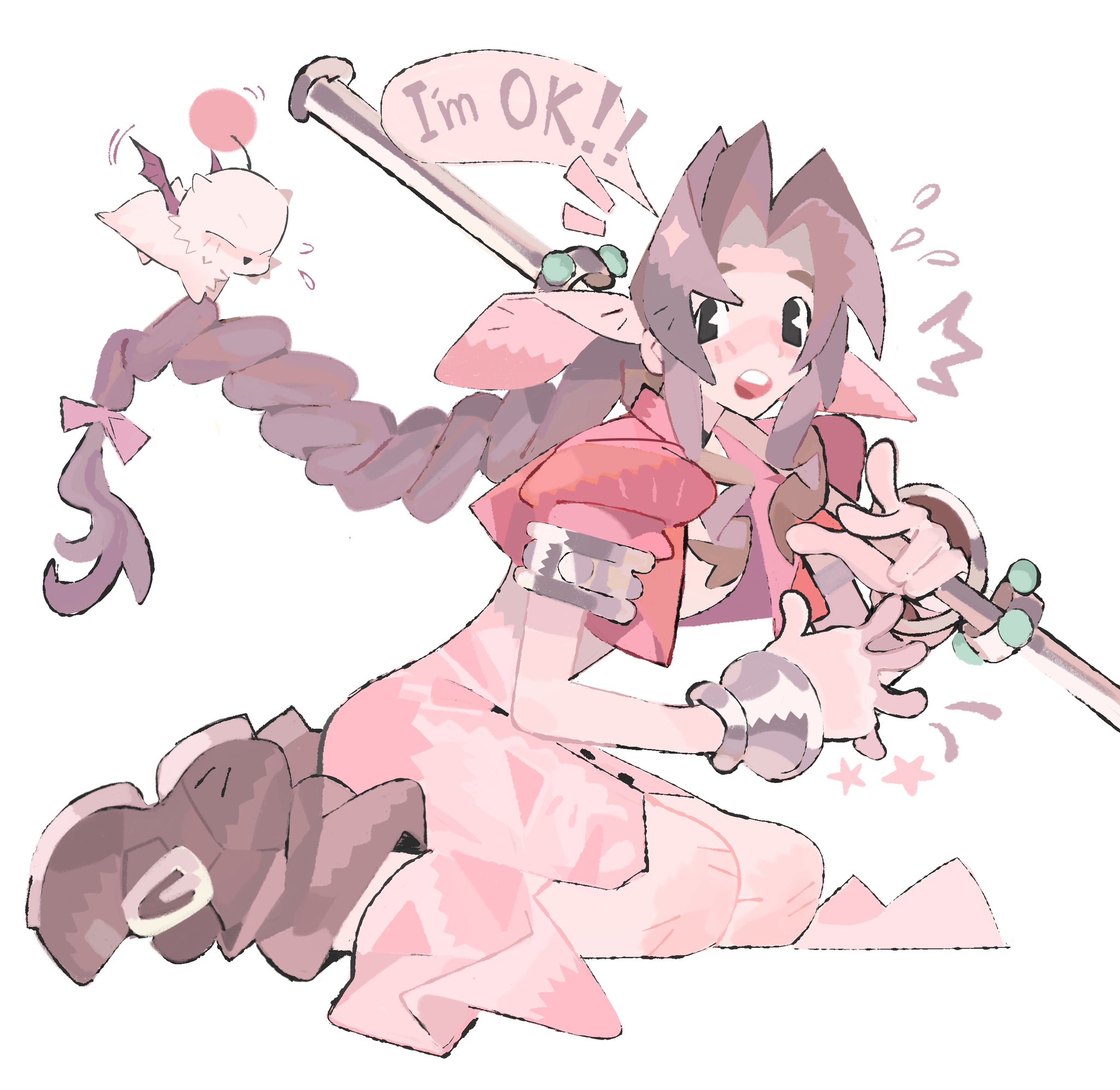 jaysoysaucee, aerith gainsborough, moogle, final fantasy, final fantasy vii, highres, bangle, boots, bracelet, braid, braided ponytail, brown boots, brown hair, creature, cropped jacket, dress, english text, flying sweatdrops, full body, hair ribbon, holding, holding staff, jacket, jewelry, kneeling, long dress, long hair, materia, open mouth, over shoulder, parted bangs, pink dress, pink ribbon, puffy short sleeves, puffy sleeves, red jacket, ribbon, short sleeves, sidelocks, single braid, staff, weapon, weapon over shoulder, white background