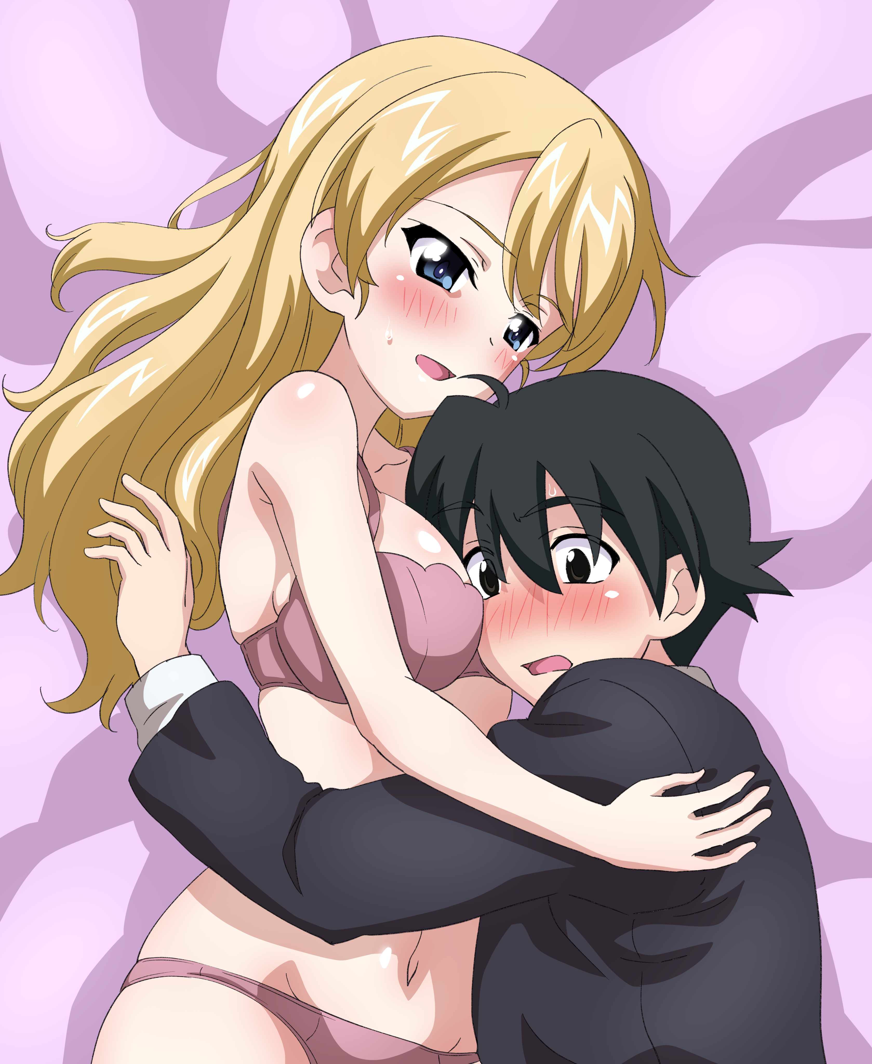 key (gaigaigai123), darjeeling (girls und panzer), itou makoto (school days), girls und panzer, absurdres, commission, commissioner upload, highres, second-party source, 1boy, 1girl, blonde hair, bra, breasts, couple, large breasts, underwear