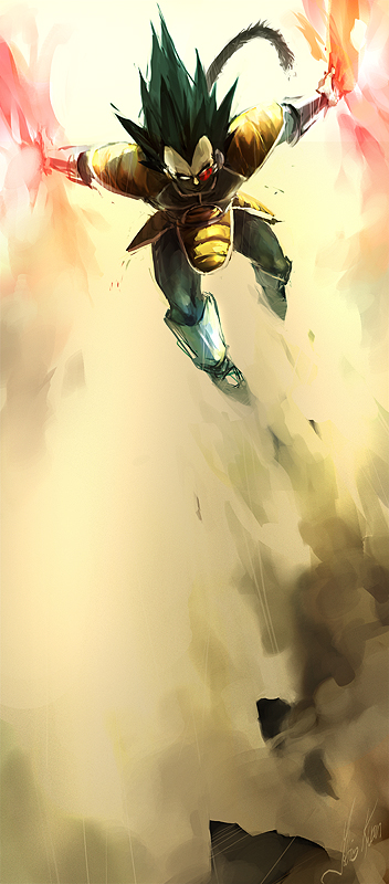 tobias kwan, tobiee, vegeta, dragon ball, dragonball z, 1boy, armor, aura, black hair, flying, gloves, male focus, scouter, solo, spiked hair, tail