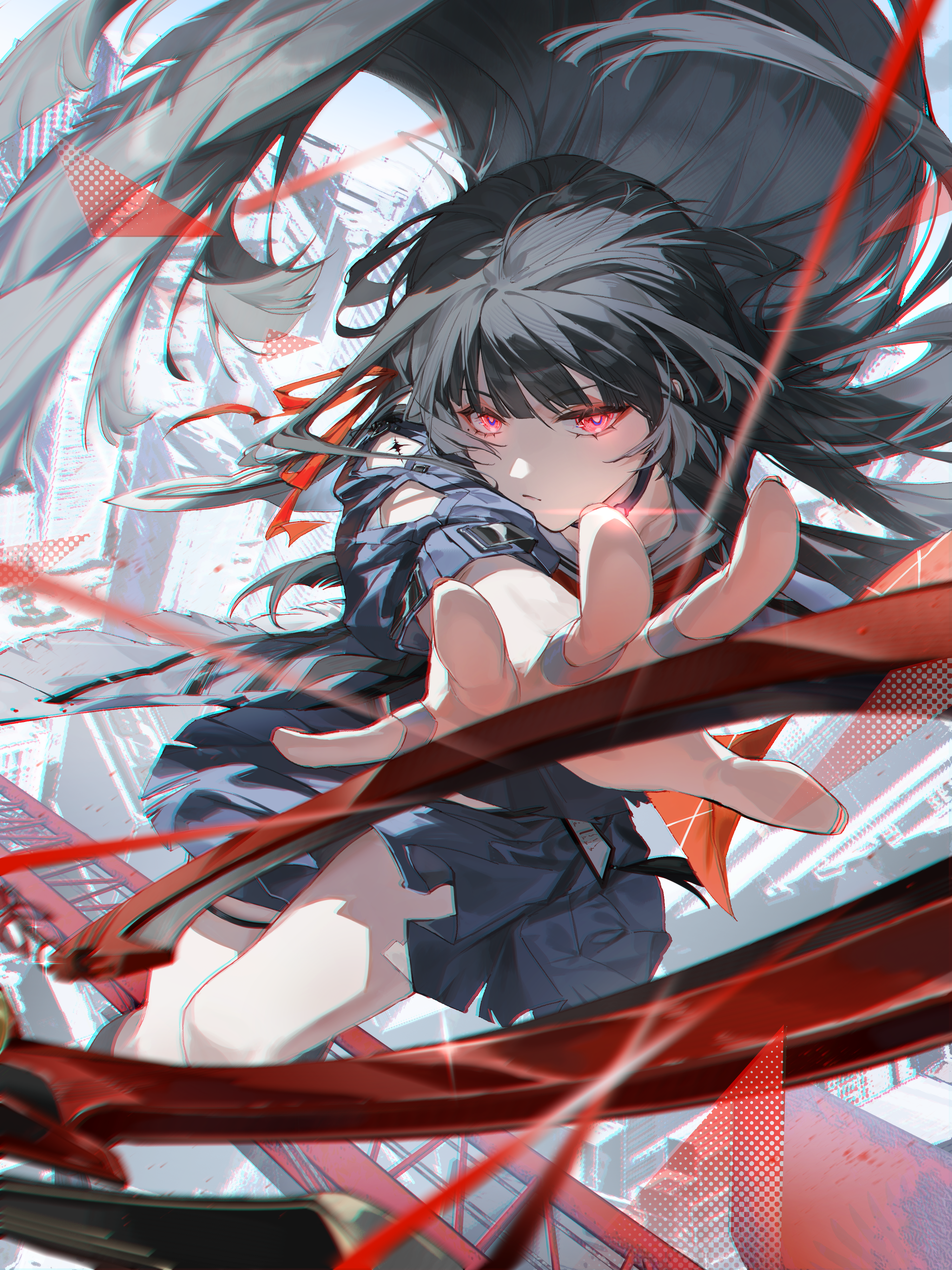 toriumu, chisa (wuthering waves), wuthering waves, absurdres, commentary, highres, 1girl, arm cutout, black choker, black hair, black skirt, choker, chromatic aberration, closed mouth, clothing cutout, collarbone, fingernails, floating hair, glowing, glowing eyes, long hair, long sleeves, looking at viewer, mole, mole under eye, neckerchief, outdoors, outstretched arm, red eyes, red neckerchief, sailor collar, skirt, solo, sword, tacet mark (wuthering waves), thigh strap, thighs, weapon, white sailor collar