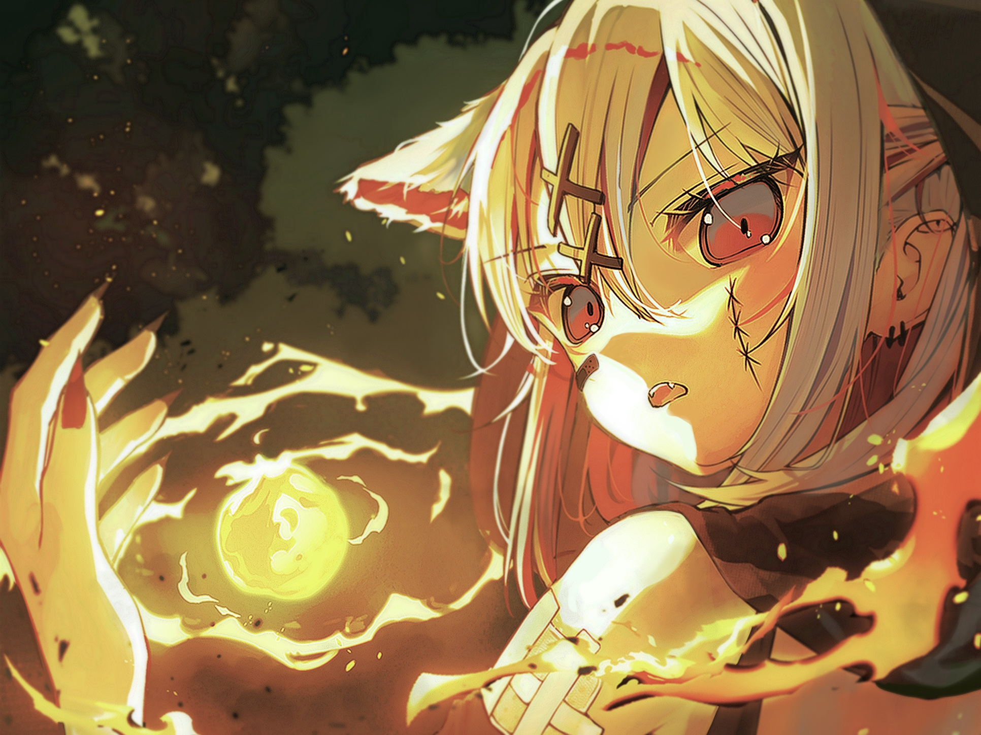 shito alisa, mahou shoujo no majo saiban, commentary, highres, korean commentary, 1girl, animal ears, cat ears, colored inner hair, earrings, fang, fingernails, fire, glowing, grey hair, hair between eyes, hair ornament, jewelry, kemonomimi mode, looking at viewer, looking back, magic, multicolored hair, open mouth, pyrokinesis, red eyes, red nails, sharp fingernails, short hair, sidelighting, solo, stitched face, stitches, tentan (10tan a), upper body, x hair ornament