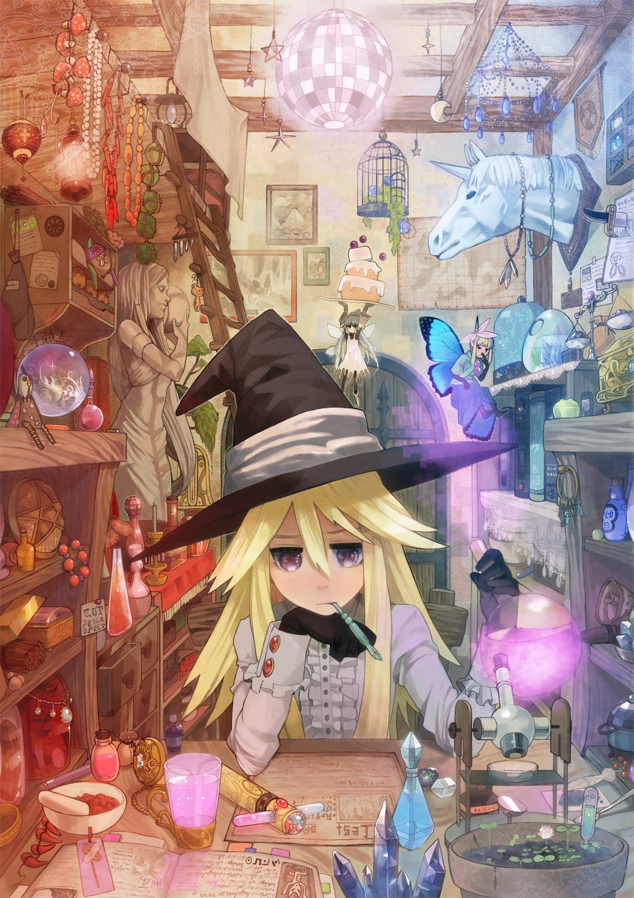 kotetu, tsurusaki yuu, original, highres, 1girl, absurdly detailed composition, annoyed, blonde hair, blouse, book, butterfly wings, cage, cake, crystal, disco ball, fairy, female focus, flask, flower, food, frilled shirt, frills, gloves, glowing, hair between eyes, hat, head rest, indoors, insect wings, jewelry, ladder, loaded interior, mortar (bowl), mouth hold, mushroom, necklace, pastry, pen, purple eyes, room, round-bottom flask, shirt, sitting, solo, solo focus, statue, unicorn, white shirt, wings, witch, witch hat