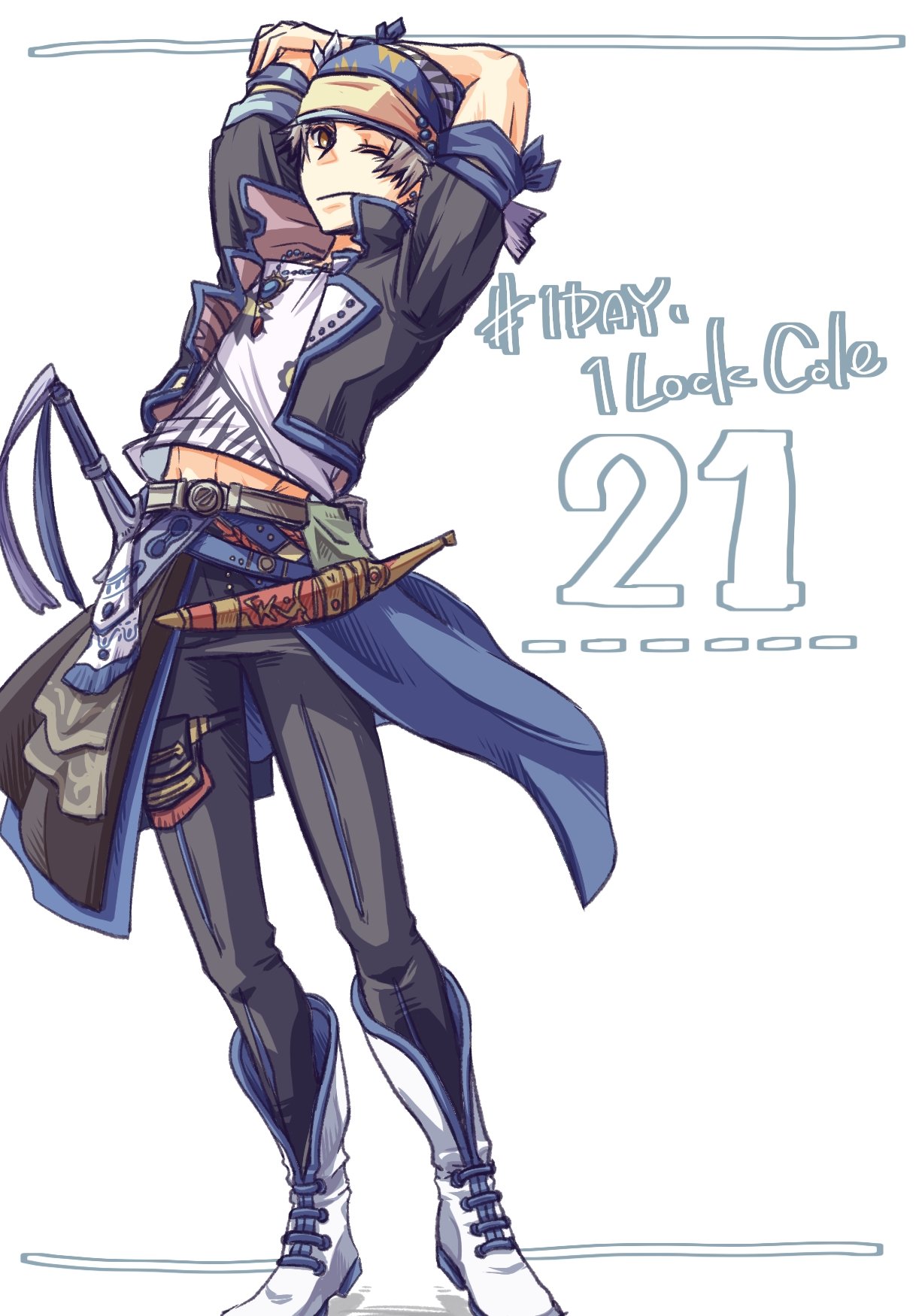 ayana (iqaw5cfohvdtver), locke cole, final fantasy, final fantasy vi, highres, 1boy, arm up, arms behind head, black jacket, black pants, blue ribbon, boots, brown eyes, character name, dagger, earrings, full body, grey hair, headscarf, jacket, jewelry, knife, male focus, midriff peek, necklace, one eye closed, pants, parted bangs, ribbon, shirt, short hair, solo, stretching, waist cape, weapon, white background, white boots, white shirt