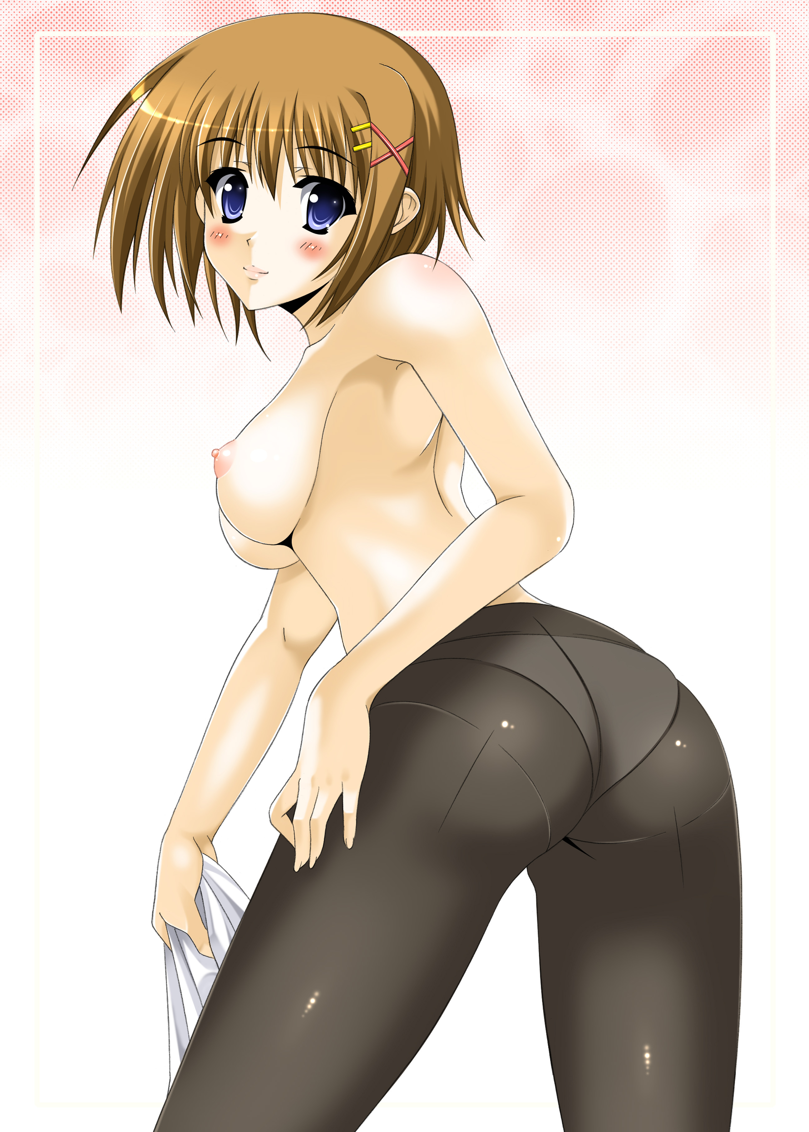 oda ken'ichi, yagami hayate, lyrical nanoha, mahou shoujo lyrical nanoha, mahou shoujo lyrical nanoha strikers, absurdres, highres, 00s, 1girl, ass, back-seamed legwear, blue eyes, blush, breasts, brown hair, from behind, hair ornament, hairclip, huge ass, large breasts, looking back, nipples, panties, panties under pantyhose, pantyhose, seamed legwear, short hair, smile, topless female, underwear, underwear only, x hair ornament