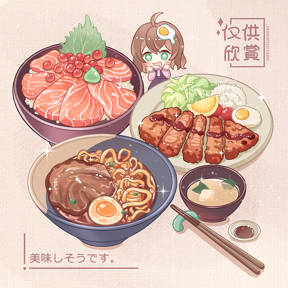 original, commentary request, + +, 1girl, :d, ahoge, blush, bowl, cherry tomato, chibi, chibi only, chopsticks, double-parted bangs, egg (food), egg hair ornament, fish (food), food, food-themed hair ornament, food focus, fruit, green eyes, hair ornament, ikura (food), lemon, lemon slice, meat, nanana (kkyiyi8), noodles, open mouth, plate, rice, smile, solo, sparkle, sushi, tomato