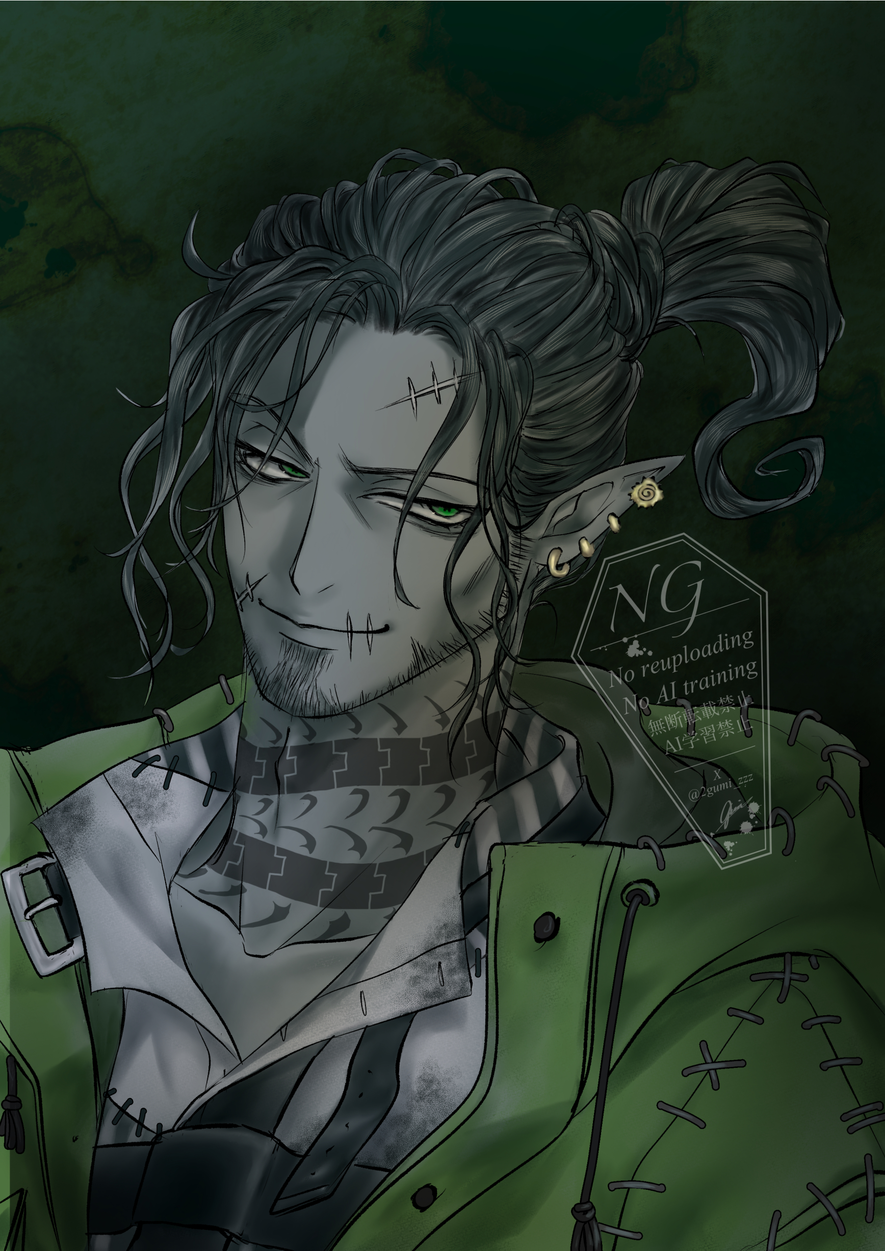 oogie boogie, the nightmare before christmas, twisted wonderland, absurdres, highres, 1boy, beard, centipede tattoo, chinstrap beard, collared shirt, cosplay, facial hair, green eyes, hood, hooded jacket, jacket, male focus, mature male, neck tattoo, oogie boogie (cosplay), scar, scar on face, shirt, solo, swing (twisted wonderland), tattoo, user vyrj3827