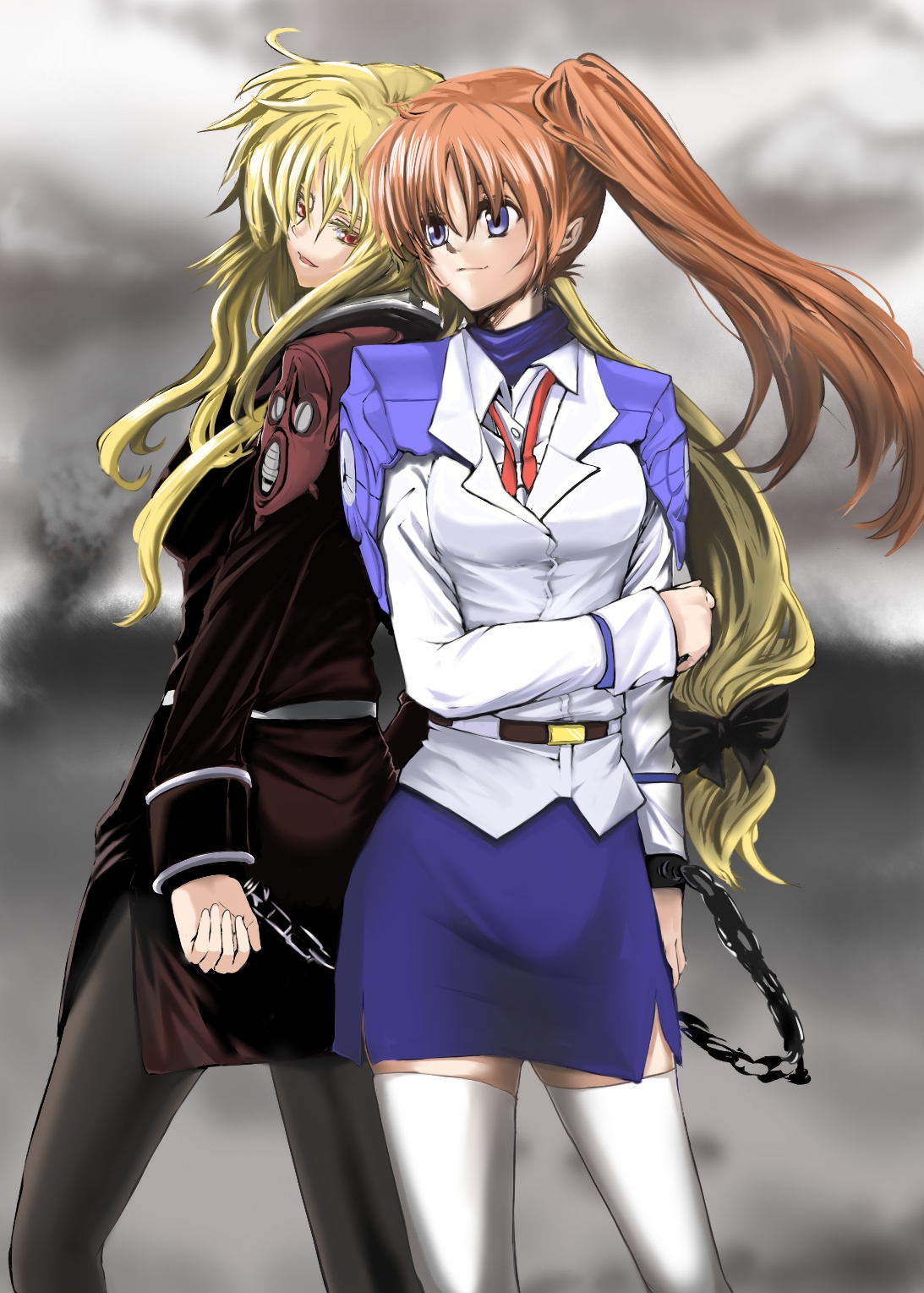 haruichi (komikal), fate testarossa, takamachi nanoha, lyrical nanoha, mahou shoujo lyrical nanoha, mahou shoujo lyrical nanoha strikers, colorized, highres, 00s, 2girls, back-to-back, blonde hair, brown hair, chain, cuffs, handcuffs, long hair, low-tied long hair, military, military uniform, multiple girls, pantyhose, pencil skirt, ponytail, purple eyes, red eyes, red hair, shackles, side ponytail, side slit, skirt, thighhighs, zettai ryouiki