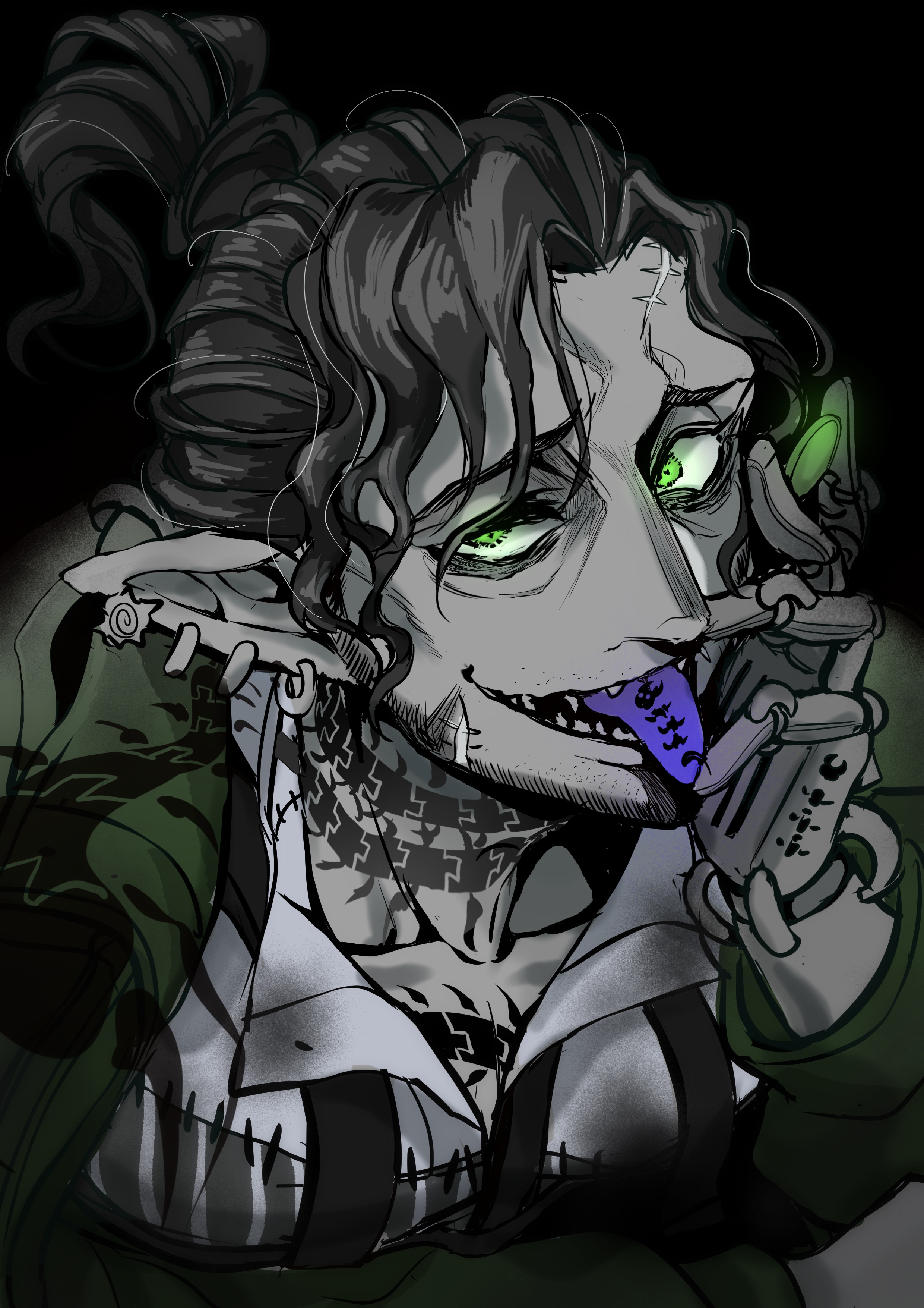 oogie boogie, the nightmare before christmas, twisted wonderland, absurdres, highres, 1boy, beard, black nails, centipede tattoo, chinstrap beard, collared shirt, cosplay, facial hair, green eyes, hood, hooded jacket, jacket, male focus, mature male, neck tattoo, oogie boogie (cosplay), scar, scar on face, scar on mouth, shirt, smile, solo, swing (twisted wonderland), tattoo, user yzum8857