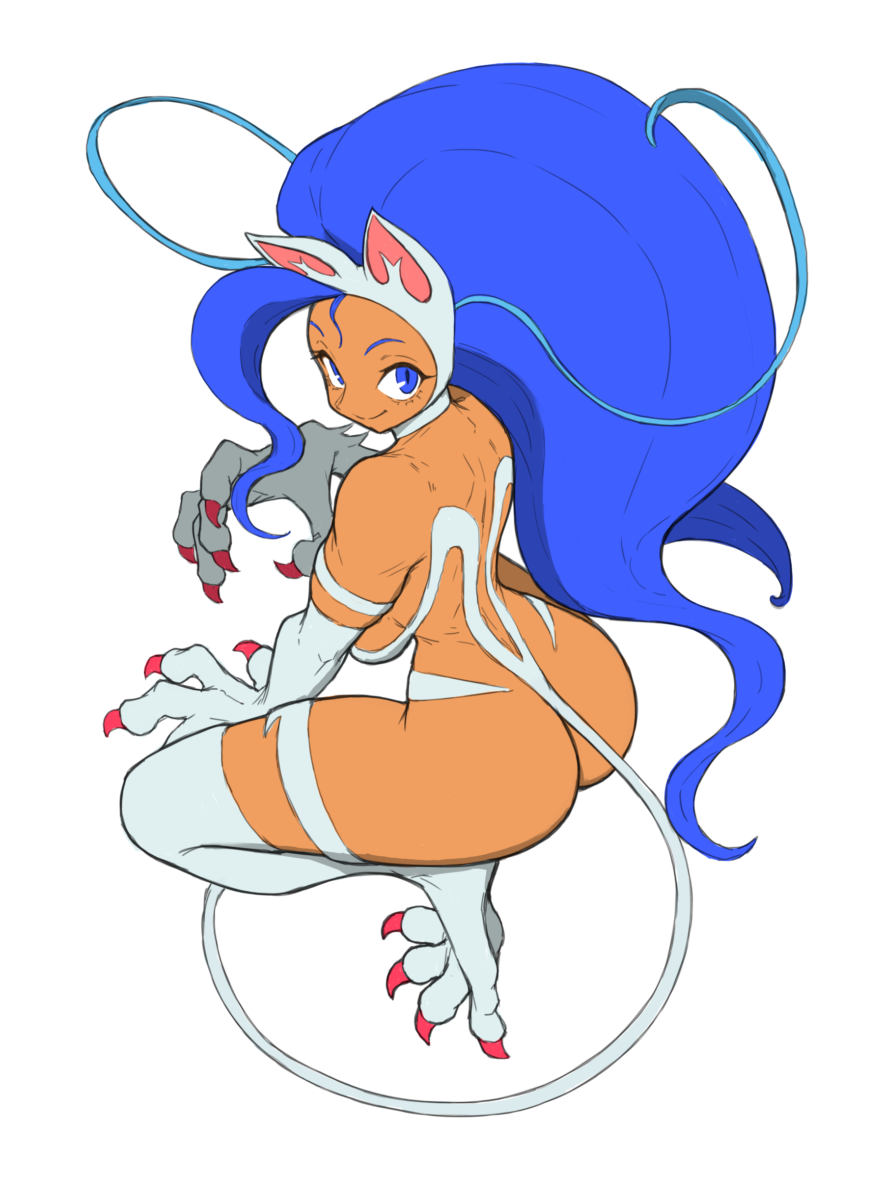 toshinoshin, felicia (darkstalkers), darkstalkers, absurdres, highres, 1girl, ahoge, animal ears, animal feet, animal hands, ass, back, big hair, blue eyes, blue hair, body fur, breasts, cat ears, cat girl, cat paws, cat tail, choker, claws, closed mouth, dark-skinned female, dark skin, from above, from behind, full body, huge ahoge, huge ass, large breasts, long hair, looking at viewer, looking back, muscular, muscular female, revealing clothes, simple background, slit pupils, smile, solo, squatting, tail, thick thighs, thighs, very long hair, white background, white fur, white tail