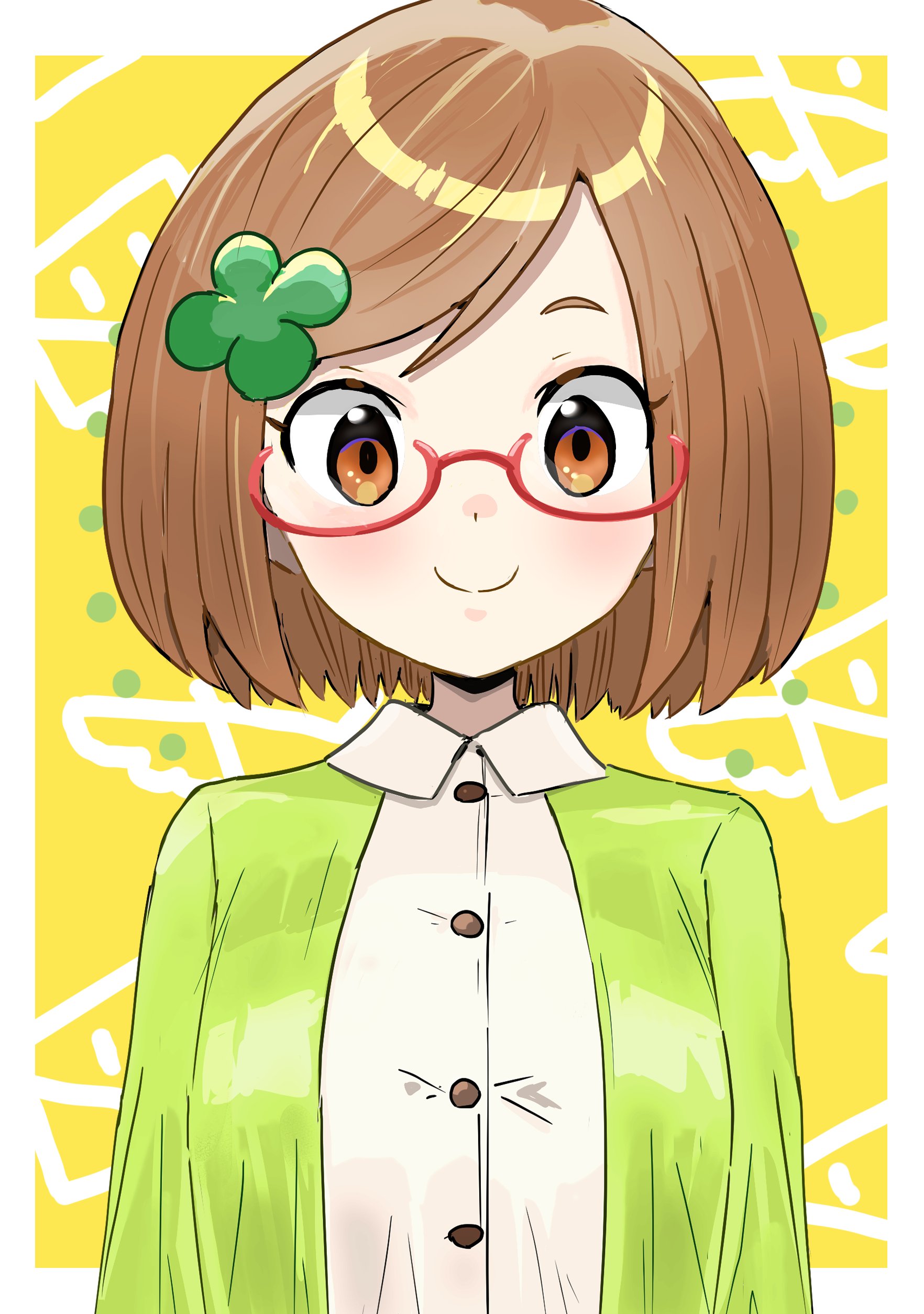detesu, nikki (swapnote), nintendo, swapnote, absurdres, highres, redrawn, 1girl, blush, bob cut, border, brown eyes, brown hair, buttons, cardigan, clover, clover hair ornament, collared shirt, envelope, four-leaf clover, four-leaf clover hair ornament, glasses, green cardigan, hair ornament, letter, looking at viewer, red-framed eyewear, semi-rimless eyewear, shirt, short hair, smile, solo, swept bangs, white border, white shirt