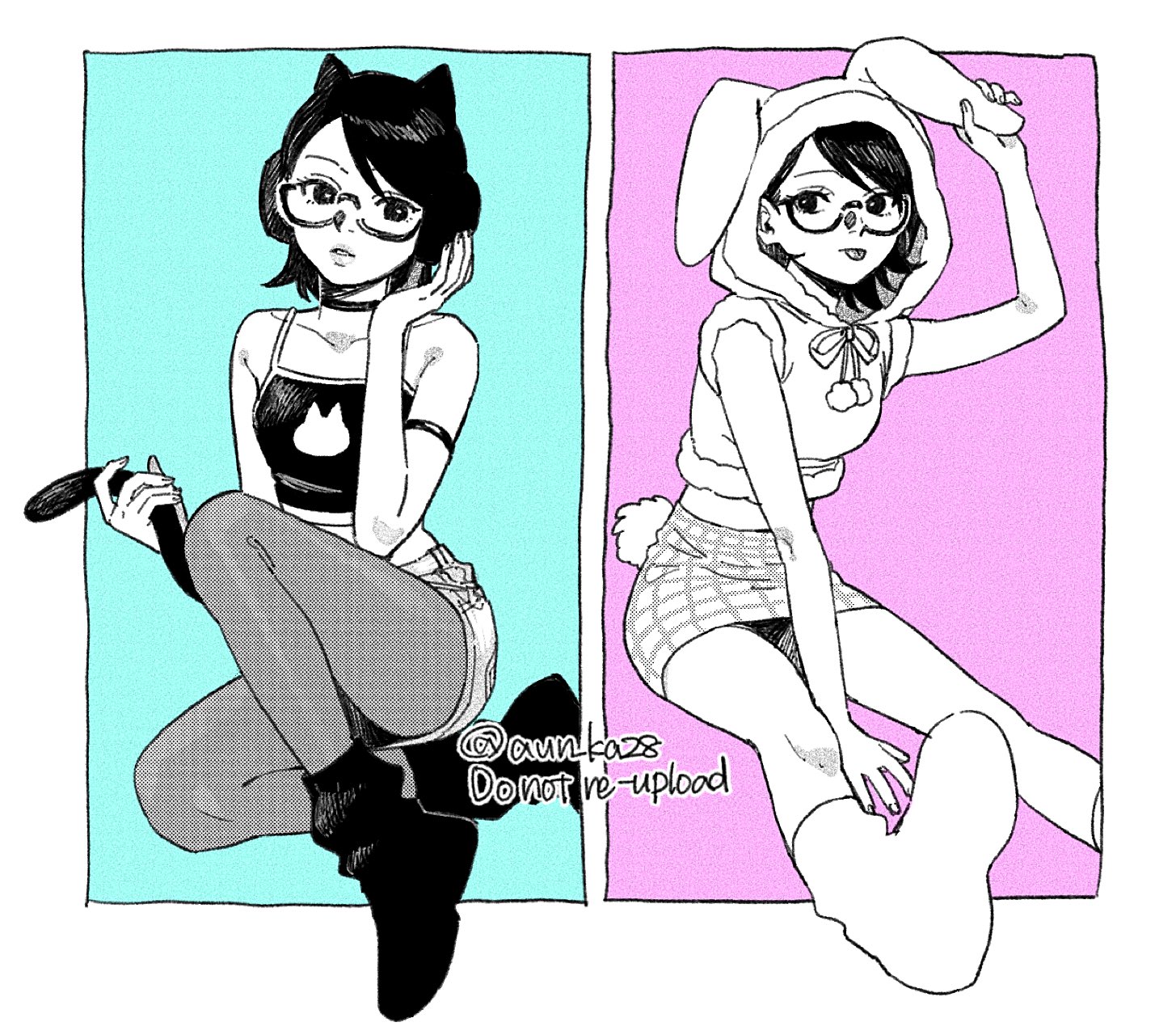 onka (aun ka28), uchiha sarada, boruto: naruto next generations, naruto (series), commentary, english commentary, highres, 1girl, animal ear headphones, animal ears, armband, camisole, cat ear headphones, cat ears, cat tail, crop top, denim, denim skirt, fake animal ears, fake tail, fur-trimmed hoodie, fur trim, glasses, greyscale with colored background, headphones, holding own tail, hood, hoodie, medium hair, midriff, miniskirt, pantyhose, plaid clothes, plaid skirt, rabbit ears, rabbit tail, short sleeves, sitting, skirt, socks, tail, tongue, tongue out, twitter username