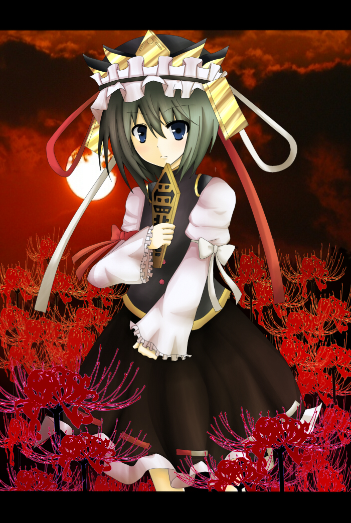 watariri rafu, shiki eiki, touhou, 1girl, blue eyes, female focus, flower, green hair, hat, letterboxed, nature, outdoors, red flower, rod of remorse, short hair, sky, solo, spider lily, sun