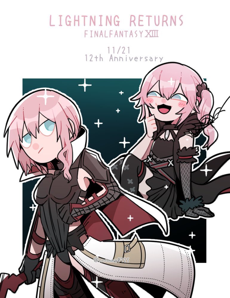 nnnmmg0725, lightning farron, lumina, final fantasy, final fantasy xiii, lightning returns: final fantasy xiii, 2girls, :3, anniversary, aqua eyes, armor, black dress, black thighhighs, border, breasts, copyright name, cowboy shot, dated, dress, hair between eyes, medium breasts, multiple girls, open mouth, pink hair, shoulder armor, side ponytail, single fishnet armwear, smile, thighhighs, waist cape, white border