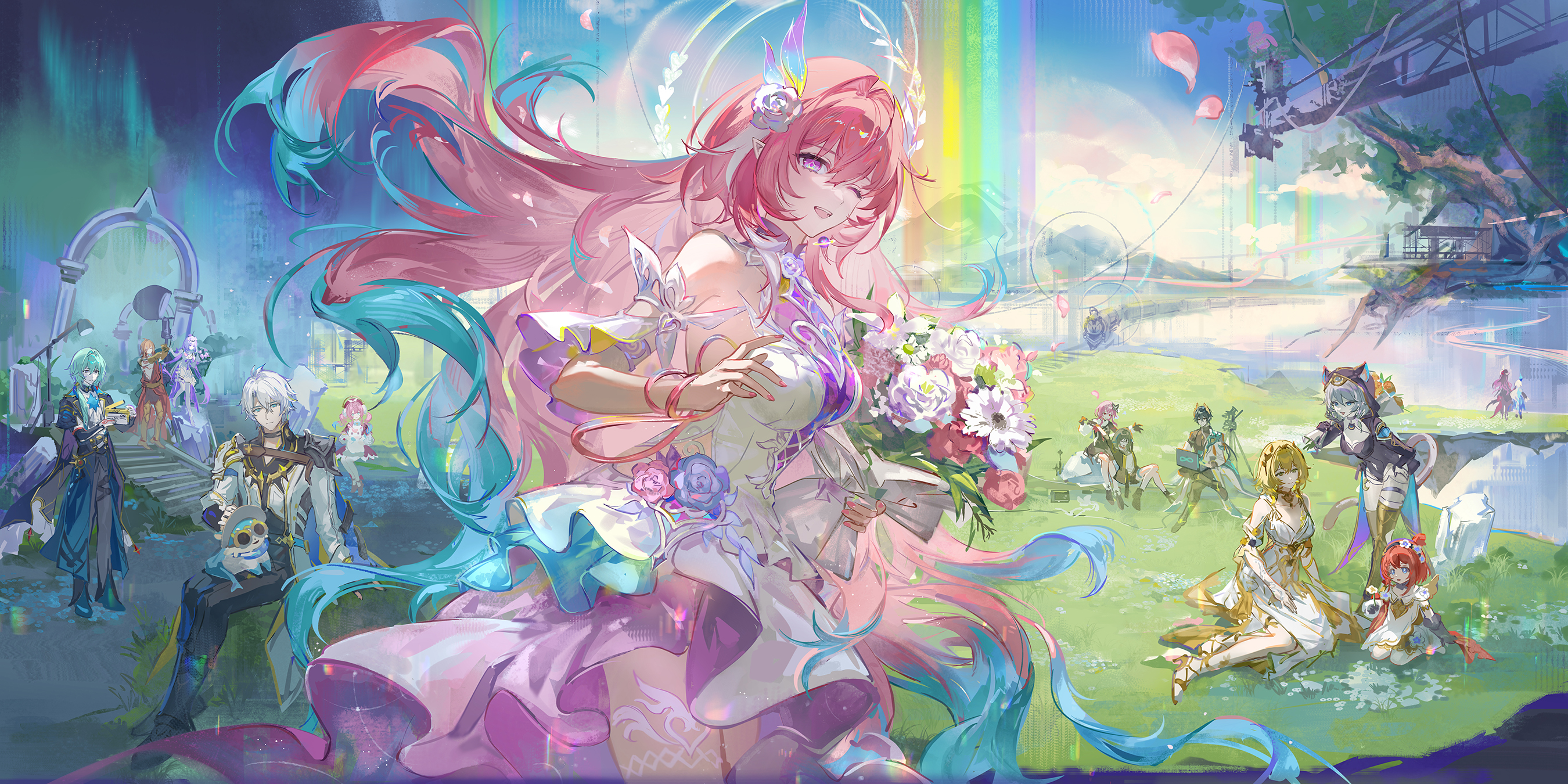 qingming tiaohetu, aglaea (honkai: star rail), anaxa (honkai: star rail), castorice (honkai: star rail), cerydra (honkai: star rail), cyrene (honkai: star rail), cyrene (ripples of past reverie) (honkai: star rail), dan heng (honkai: star rail), dan heng (permansor terrae) (honkai: star rail), evernight (honkai: star rail), hyacine (honkai: star rail), hysilens (honkai: star rail), little ica (honkai: star rail), march 7th (honkai: star rail), mydei (honkai: star rail), phainon (honkai: star rail), stelle (honkai: star rail), trailblazer (honkai: star rail), tribbie (honkai: star rail), fire emblem, fire emblem cipher, honkai: star rail, honkai (series), nintendo, commentary, english commentary, highres, 4boys, 6+girls, astral express (honkai: star rail), bare shoulders, breasts, chimera (wuthering waves), chrysos heirs (honkai: star rail), dress, flower, gradient hair, hair flower, hair ornament, halo, halo behind head, long hair, looking at viewer, medium breasts, multicolored hair, multiple boys, multiple girls, one eye closed, open mouth, pink hair, pink petals, purple eyes, rainbow, smile, split theme, white dress