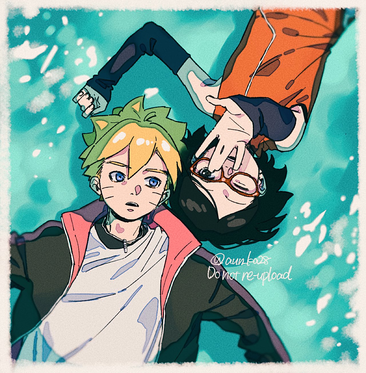 onka (aun ka28), uchiha sarada, uzumaki boruto, boruto: naruto next generations, naruto (series), commentary request, highres, 1boy, 1girl, black eyes, black hair, black jacket, blonde hair, blue eyes, detached sleeves, facial mark, from above, glasses, jacket, jewelry, lying, necklace, on back, one eye closed, open mouth, reaching, reaching towards viewer, red-framed eyewear, short hair, sleeves past wrists, smile, twitter username, watermark, whisker markings