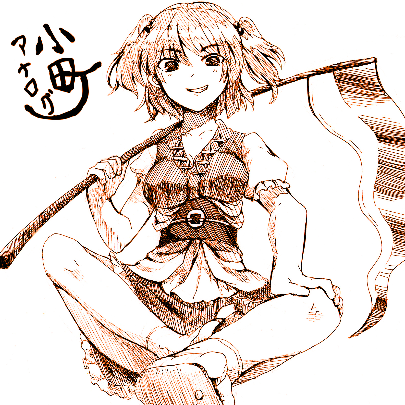 curry man, onozuka komachi, touhou, highres, traditional media, 1girl, brown theme, female focus, grin, monochrome, scythe, sketch, smile, solo