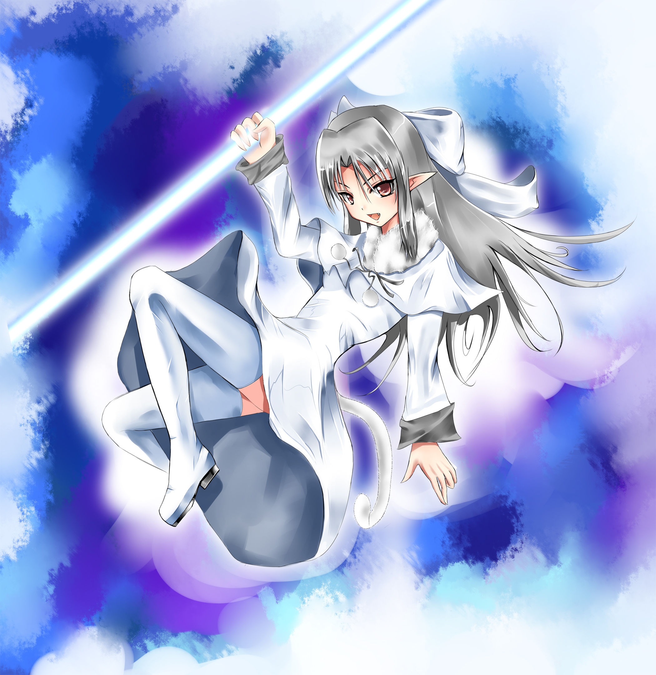 demonk, white len (tsukihime), melty blood, tsukihime, highres, 00s, boots, pointy ears, solo, thigh boots, thighhighs