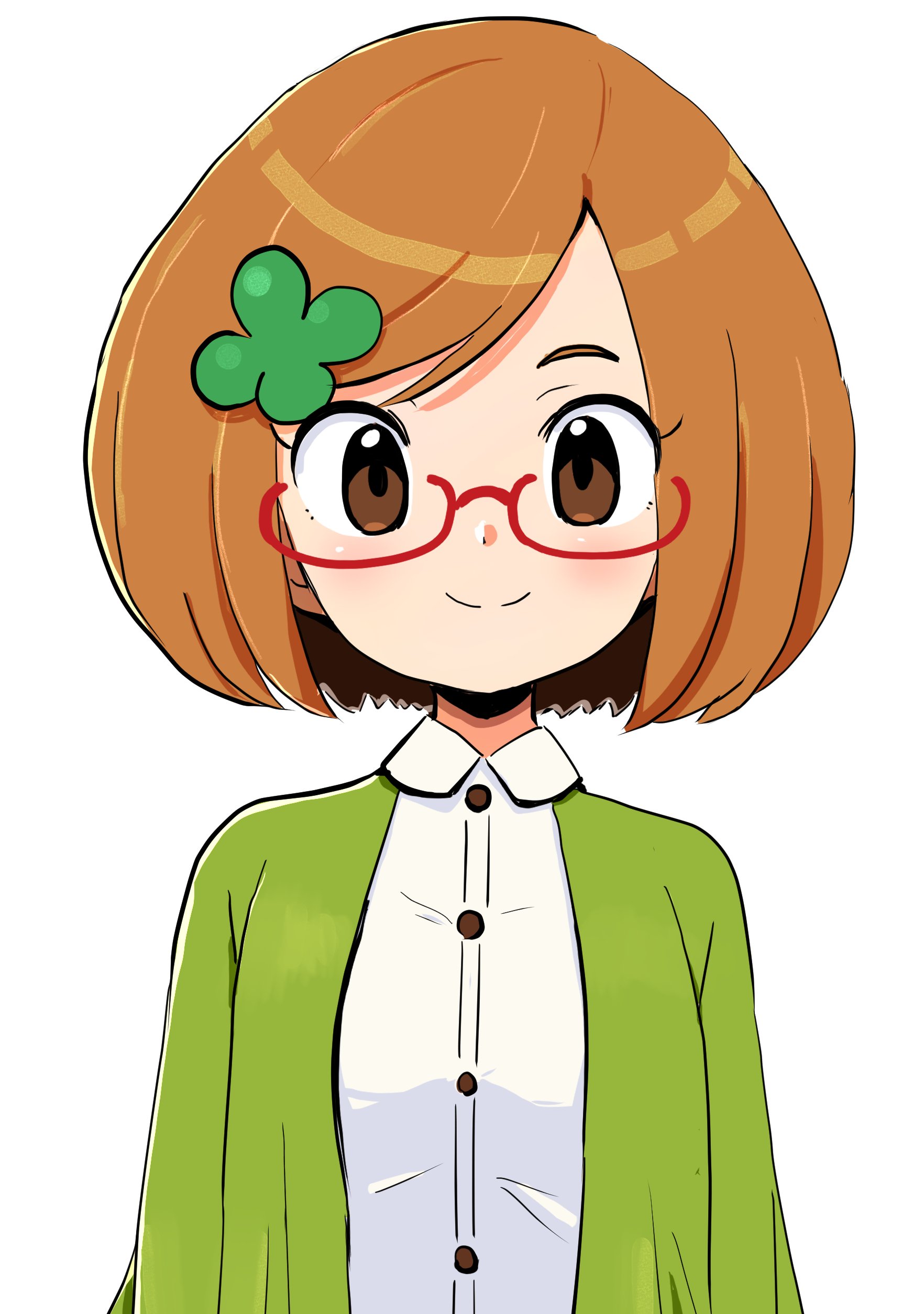 detesu, nikki (swapnote), nintendo, swapnote, absurdres, commentary request, highres, 1girl, blush, bob cut, border, brown eyes, brown hair, buttons, cardigan, clover, clover hair ornament, collared shirt, envelope, four-leaf clover, four-leaf clover hair ornament, glasses, green cardigan, hair ornament, looking at viewer, red-framed eyewear, semi-rimless eyewear, shirt, short hair, simple background, smile, solo, swept bangs, white background, white shirt