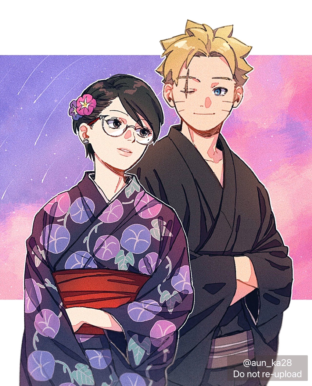 onka (aun ka28), uchiha sarada, uzumaki boruto, boruto: two blue vortex, naruto (series), commentary request, highres, 1boy, 1girl, black eyes, black hair, black hakama, black kimono, blonde hair, blue eyes, earrings, flower, glasses, hair flower, hair ornament, hakama, hands in opposite sleeves, japanese clothes, jewelry, kimono, one eye closed, parted lips, print kimono, scar, scar across eye, scar on face, short hair, smile, twitter username, watermark, wide sleeves