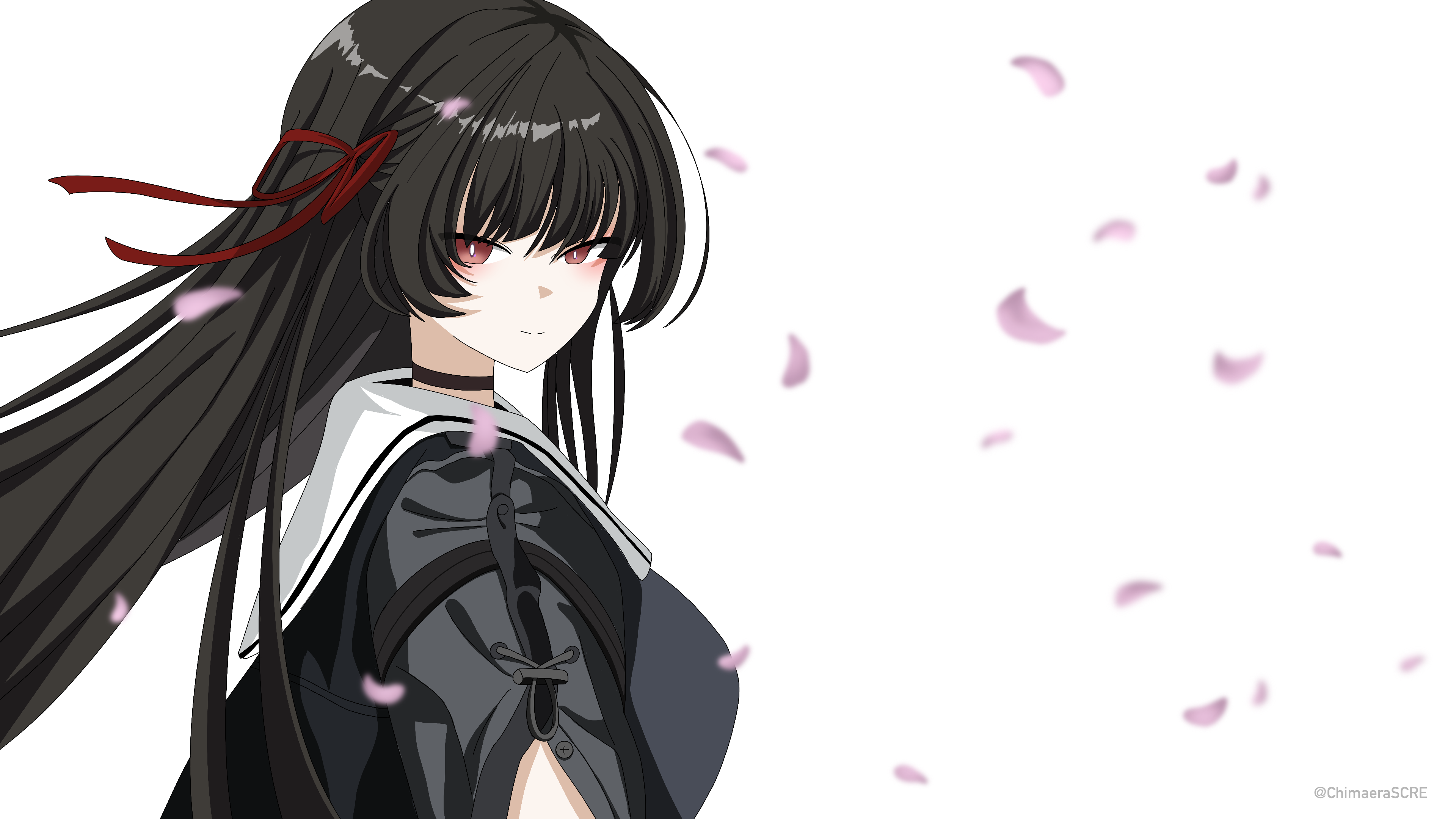 chimaera scre, chisa (wuthering waves), wuthering waves, absurdres, commentary, english commentary, highres, 1girl, black choker, black hair, black jacket, black shirt, breasts, choker, closed mouth, from side, hair ribbon, jacket, long hair, looking at viewer, looking to the side, medium breasts, pink petals, red eyes, red ribbon, ribbon, sailor collar, shirt, simple background, smile, solo, upper body, white background, white sailor collar