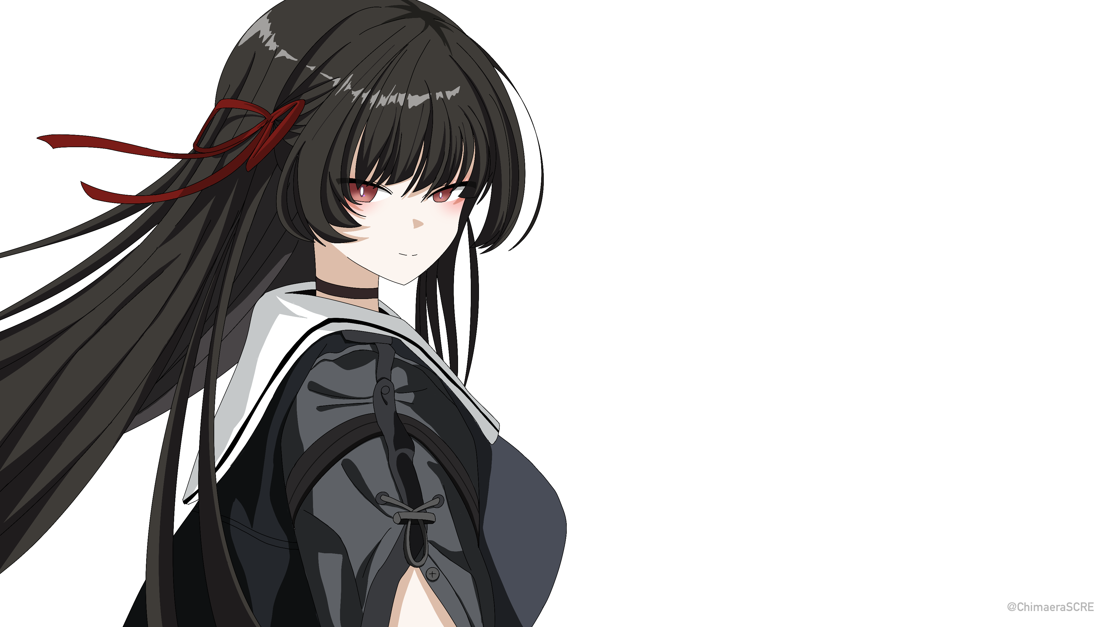chimaera scre, chisa (wuthering waves), wuthering waves, absurdres, commentary, english commentary, highres, 1girl, black choker, black hair, black jacket, black shirt, breasts, choker, closed mouth, from side, hair ribbon, jacket, long hair, looking at viewer, looking to the side, medium breasts, red eyes, red ribbon, ribbon, sailor collar, shirt, simple background, smile, solo, upper body, white background, white sailor collar
