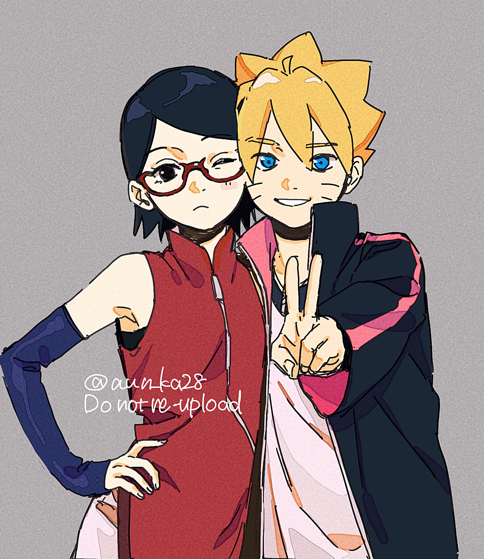 onka (aun ka28), uchiha sarada, uzumaki boruto, boruto: naruto next generations, naruto (series), commentary, highres, symbol-only commentary, 1boy, 1girl, black choker, black eyes, black hair, blonde hair, blue eyes, cheek-to-cheek, choker, facial mark, frown, glasses, hand on own hip, heads together, one eye closed, short hair, smile, twitter username, v, whisker markings
