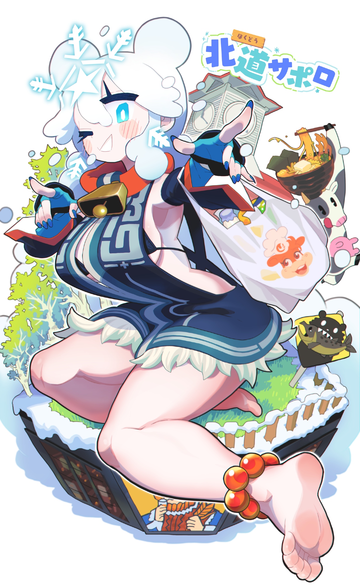 gashi-gashi, original, commentary, highres, symbol-only commentary, translation request, 1girl, anklet, armpits, barefoot, blue eyes, blue gloves, blue nails, blush, breasts, bright pupils, cow, fingerless gloves, food, gloves, jewelry, large breasts, looking at viewer, nail polish, noodles, one eye closed, ramen, simple background, solo, white background, white hair, white pupils