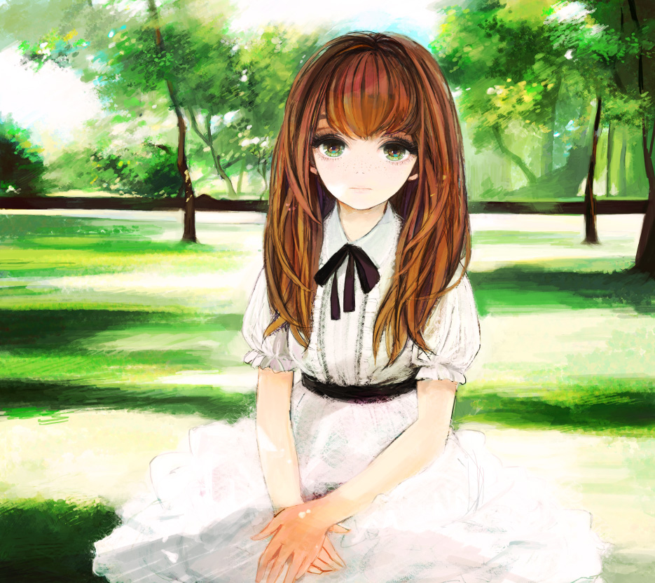 amber tobi, atori (artist), original, 1girl, bow, brown hair, day, dress, faux traditional media, female focus, freckles, long hair, nature, outdoors, own hands clasped, own hands together, ribbon, sad, sitting, solo, speed painting, staring, tree