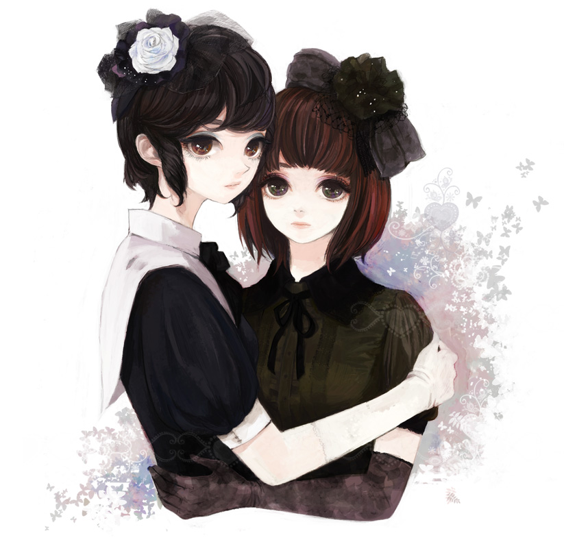 amber tobi, atori (artist), 2girls, black eyes, black hair, brown eyes, brown hair, curly hair, flower, gloves, hair flower, hair ornament, hug, multiple girls, ribbon, sad, short hair
