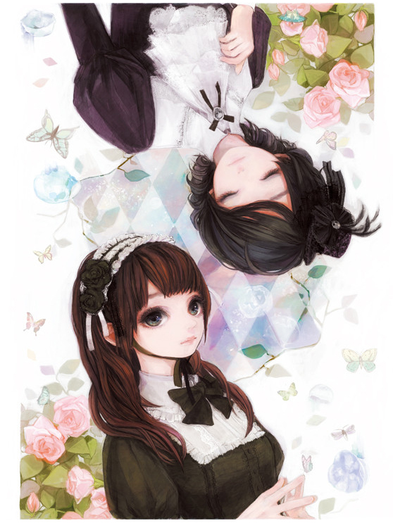 amber tobi, atori (artist), 2girls, black hair, brown hair, bug, butterfly, flower, gothic lolita, hairband, hat, headdress, lolita fashion, long hair, lying, multiple girls, ribbon, rose, short hair