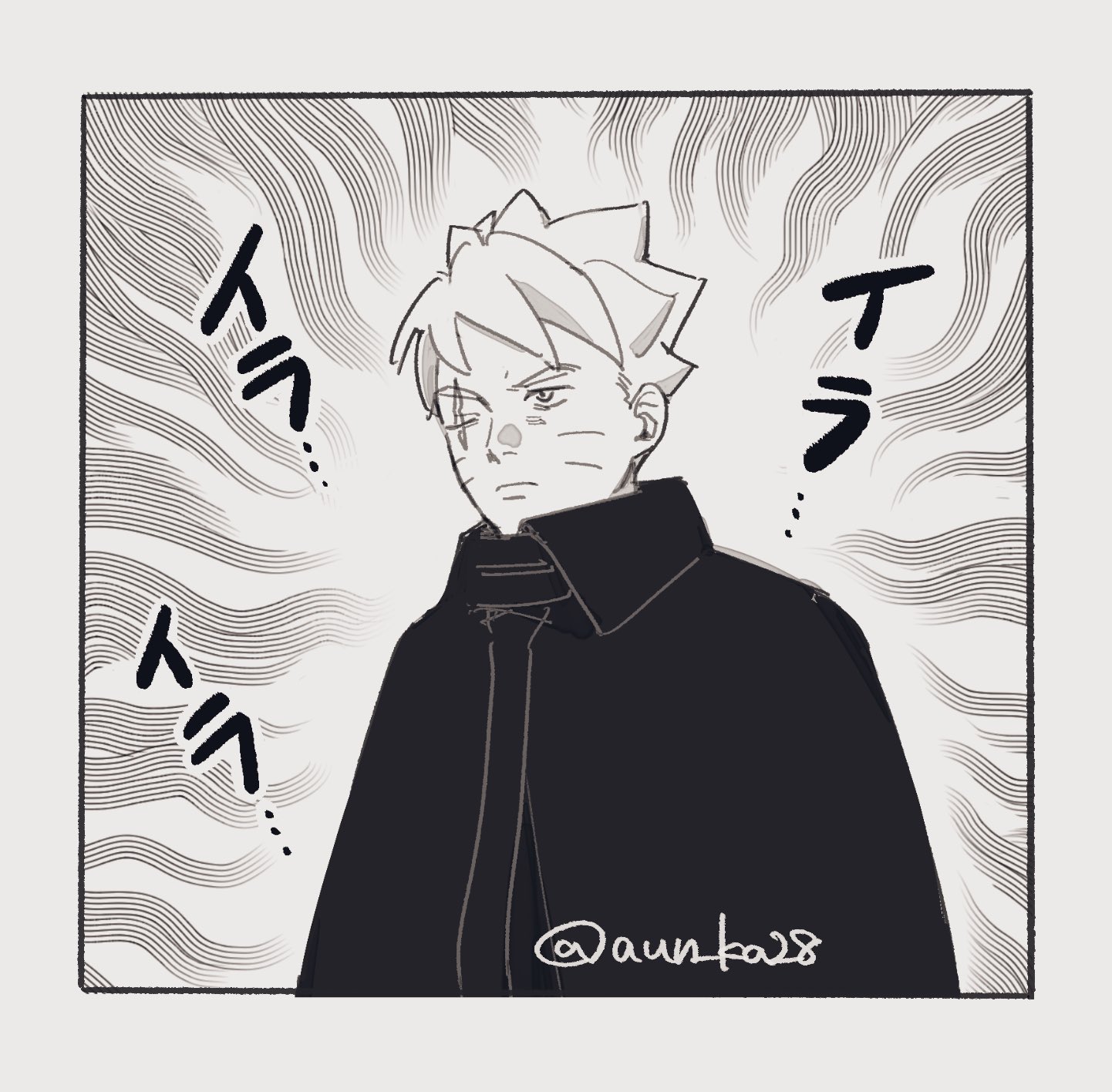onka (aun ka28), uzumaki boruto, boruto: two blue vortex, naruto (series), commentary request, highres, 1boy, cloak, collared cloak, facial mark, frown, greyscale, male focus, monochrome, scar, scar across eye, scar on face, solo, twitter username, upper body, whisker markings