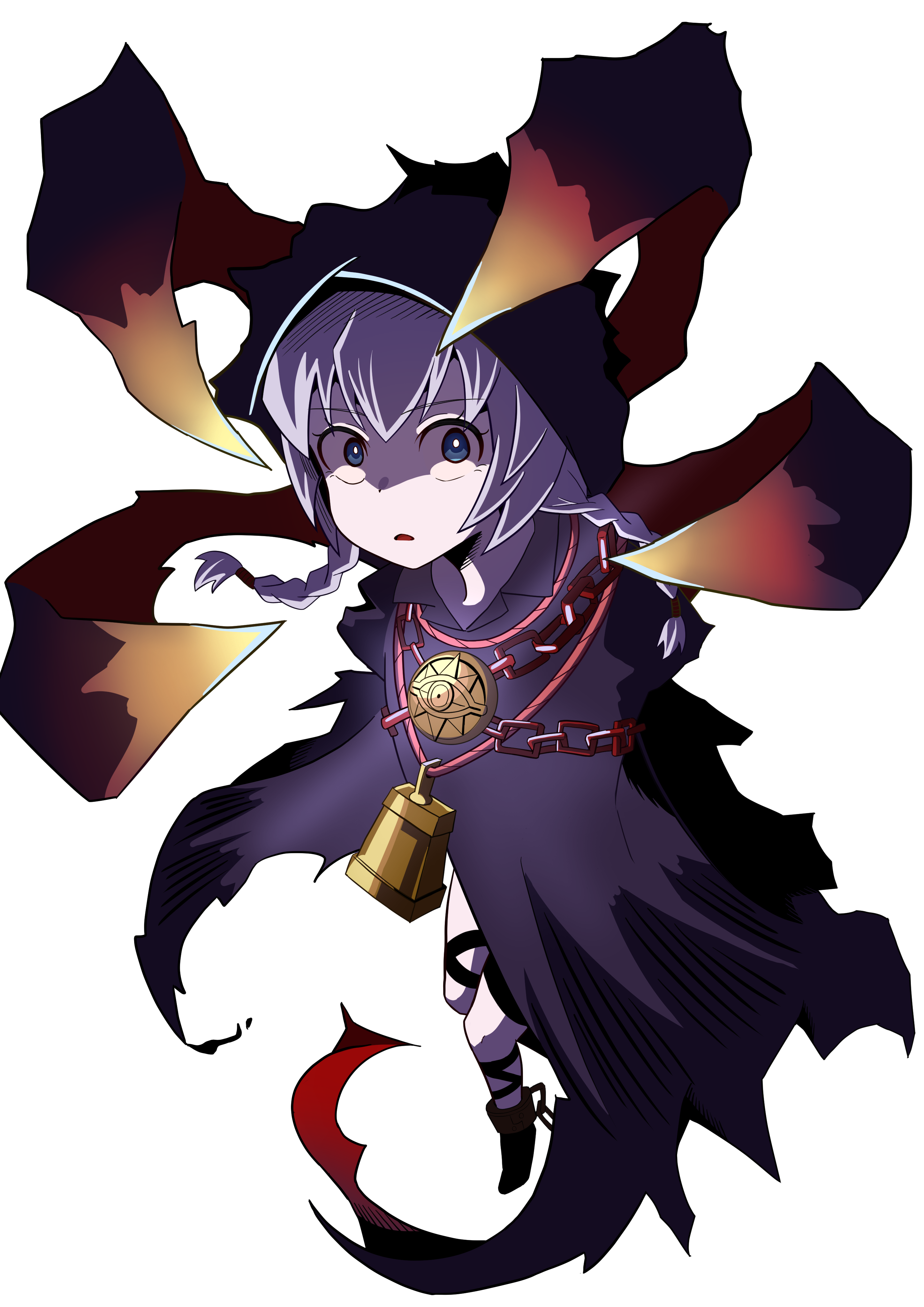 ice compass0610, curse maker, curse maker 2, etrian odyssey, absurdres, commentary request, highres, 1girl, bell, black cloak, blue eyes, braid, chain, cloak, hood, hooded cloak, looking at viewer, low twin braids, medium hair, neck bell, open mouth, pale skin, purple hair, restrained, shaded face, solo, twin braids, white background